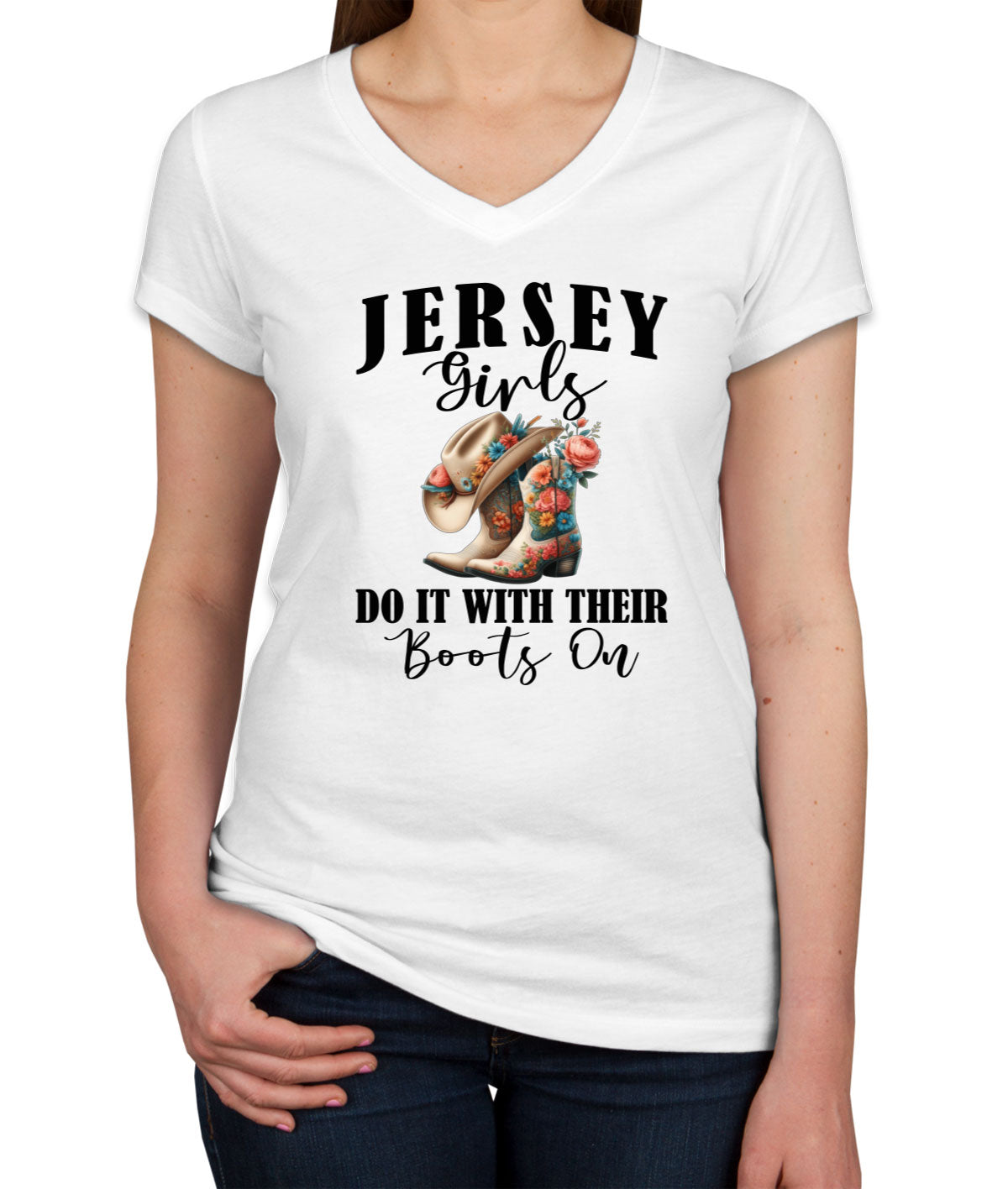 Jersey Girls Do It With Their Boots On Women's V Neck T-shirt