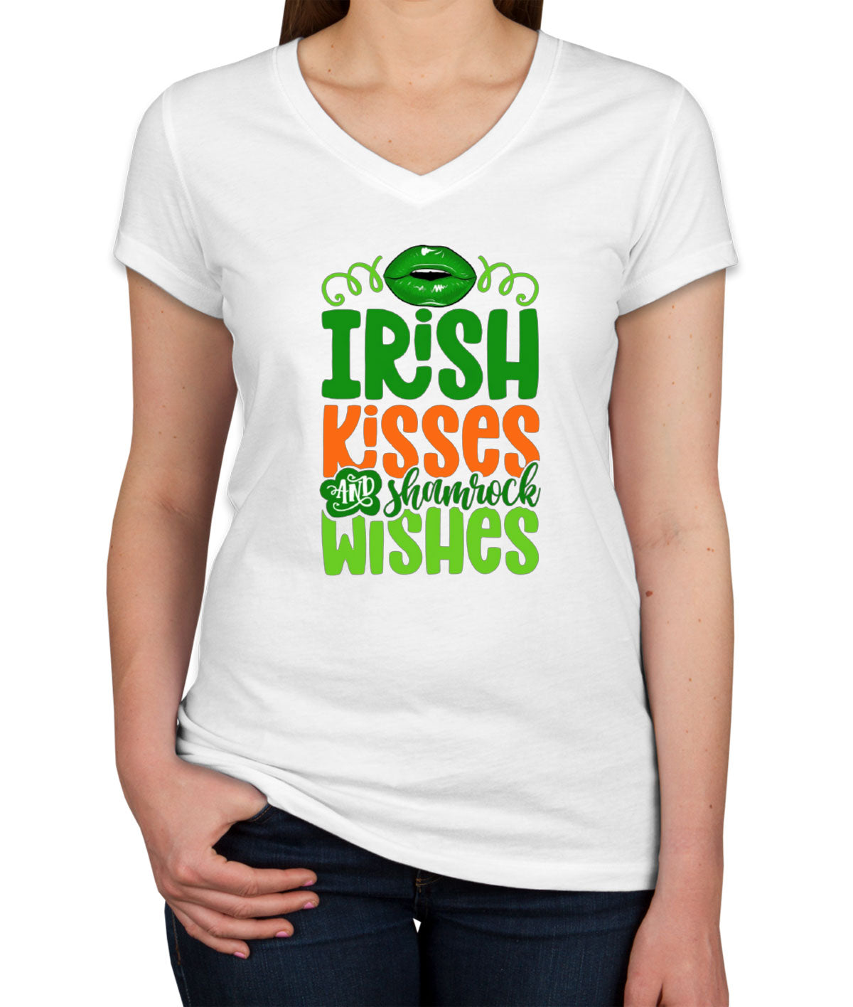 Irish Kisses And Shamrock Wishes St. Patrick's Day Women's V Neck T-shirt