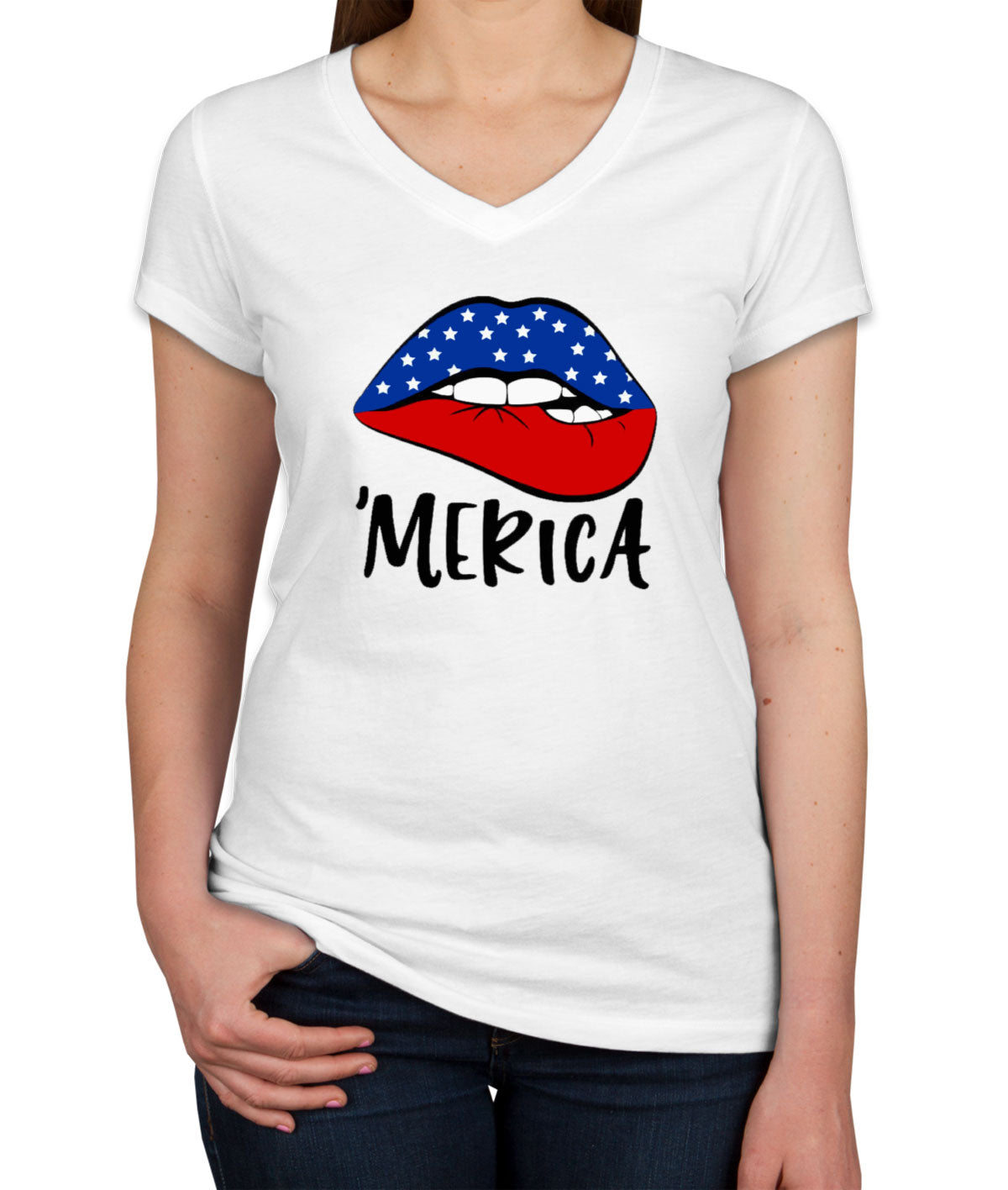 Lipstick Merica American Flag Patriotic Women's V Neck T-shirt