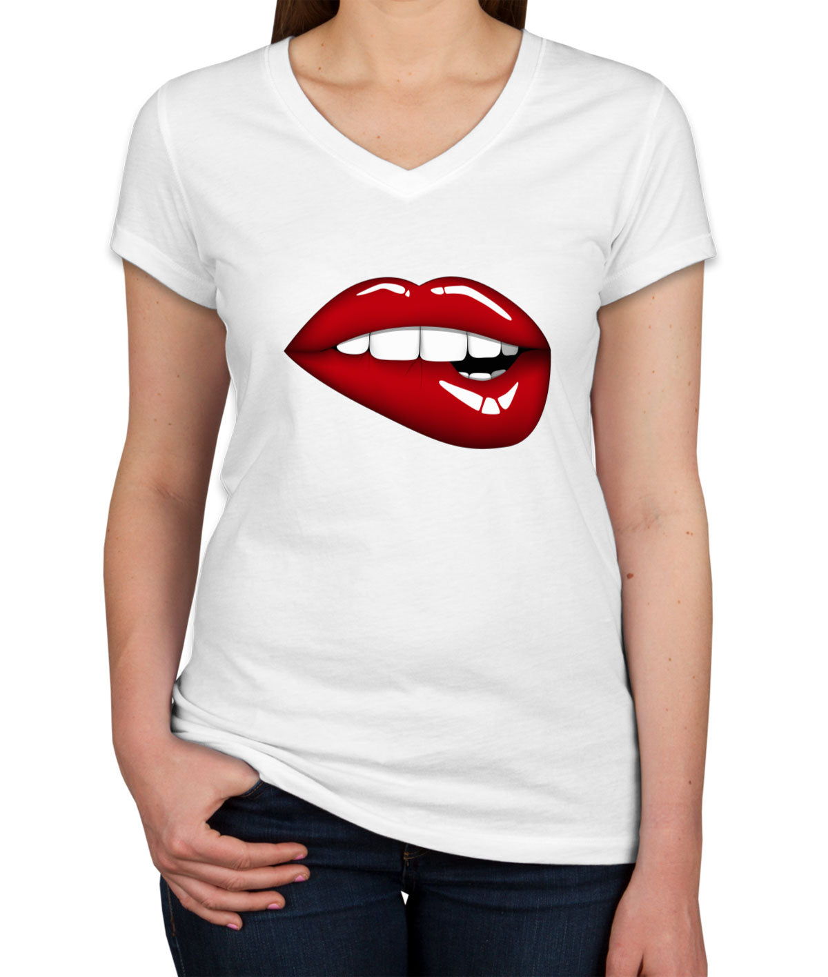 Glossy Lipstick Women's V Neck T-shirt