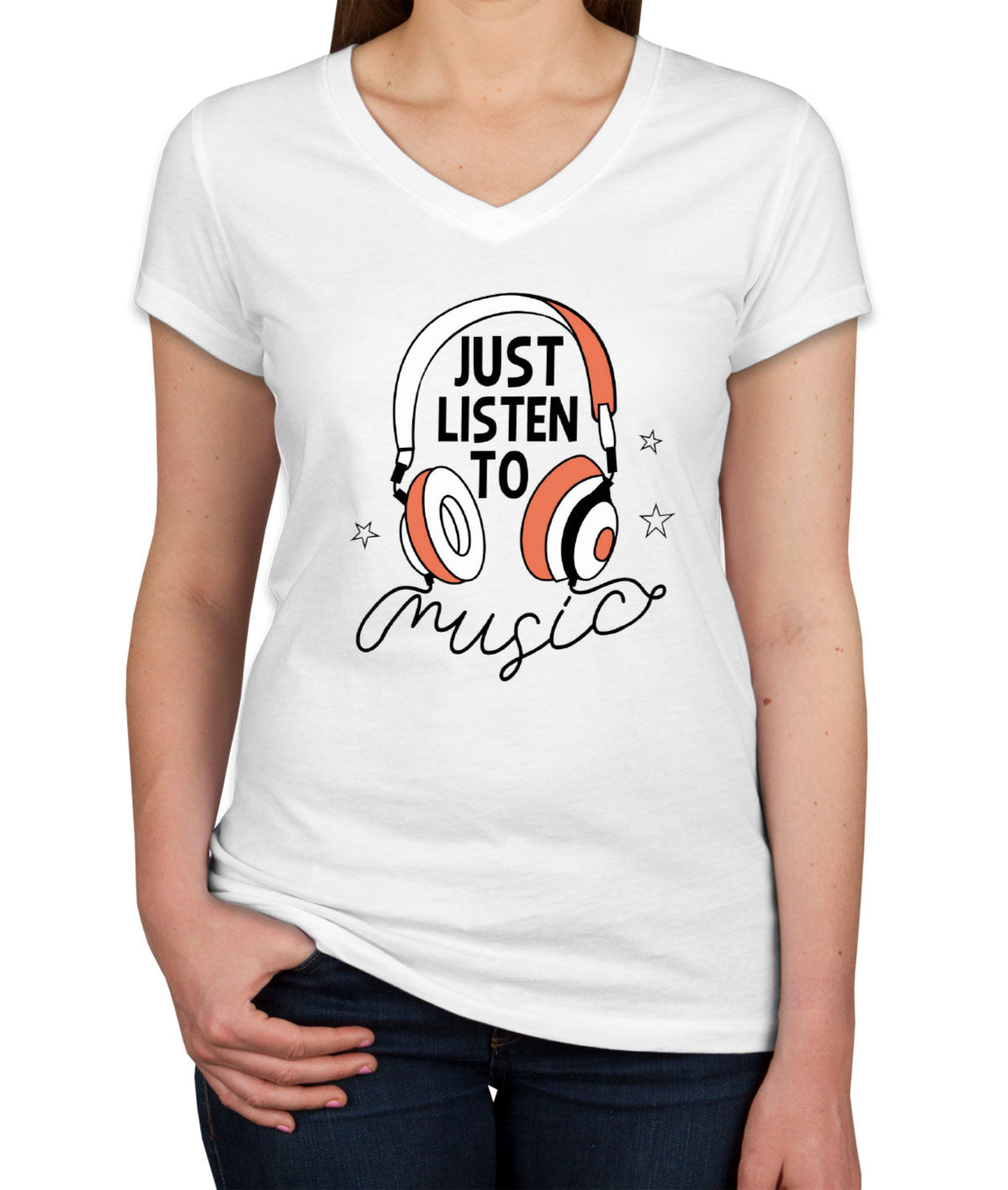 Just Listen To Music Headphone Women's V Neck T-shirt