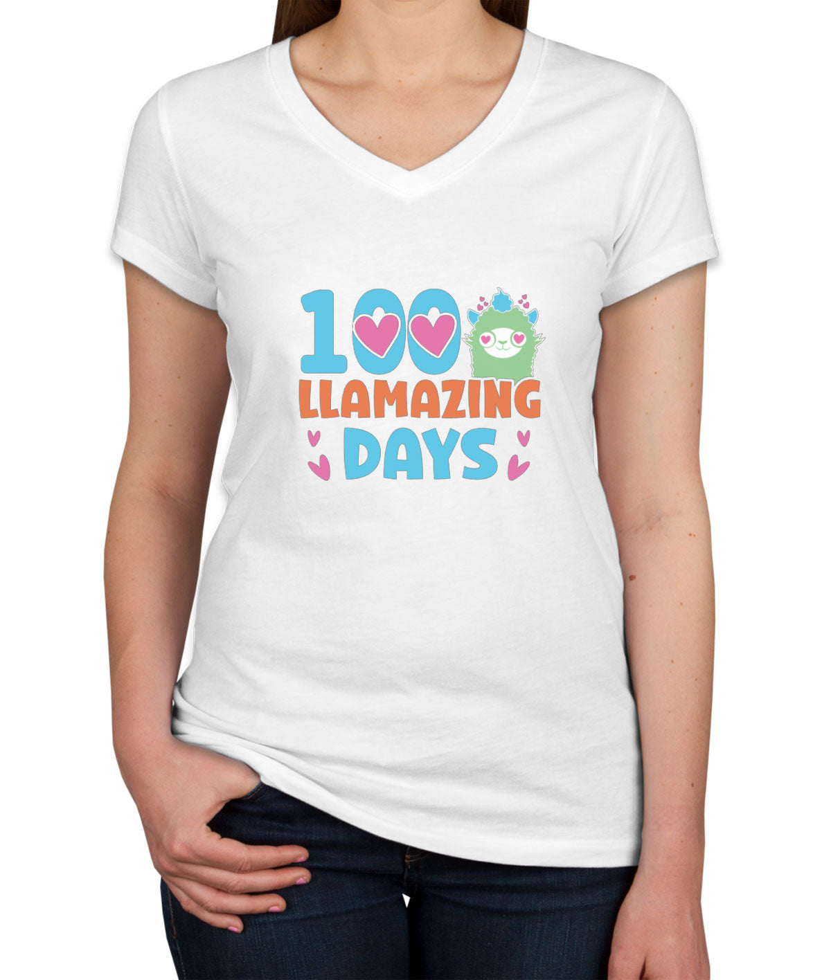 100 Llamazing Day Women's V Neck T-shirt