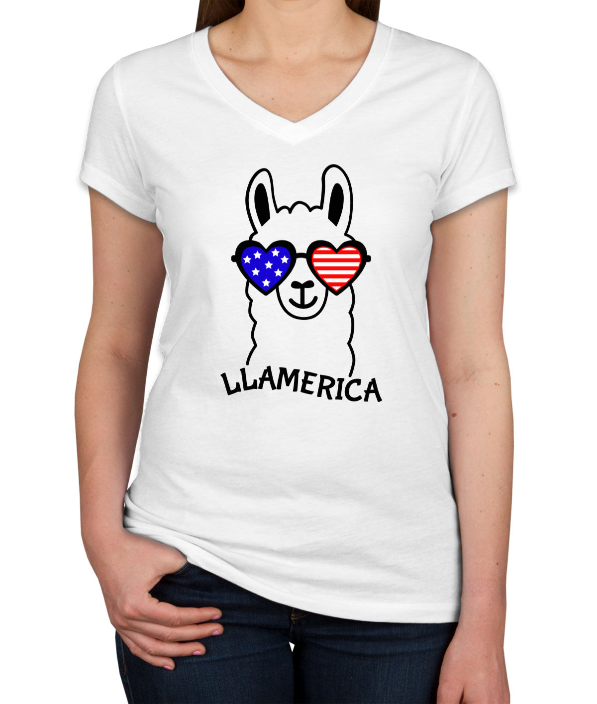 Llama America Patriotic Women's V Neck T-shirt