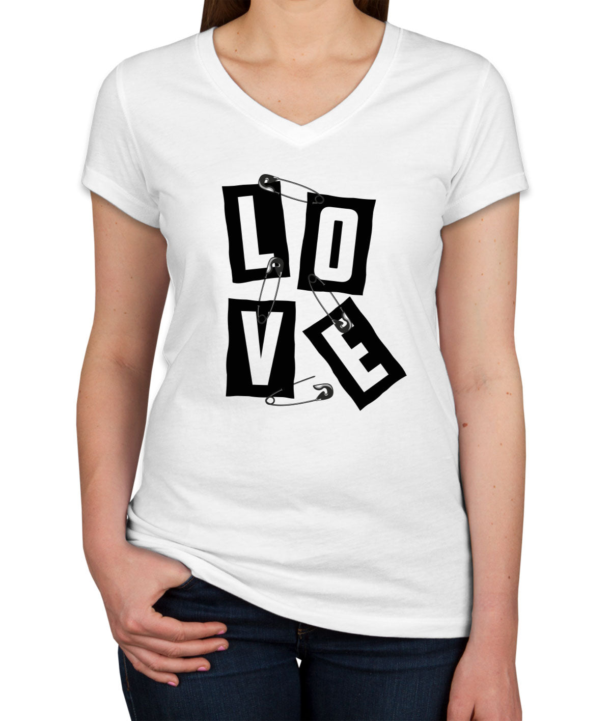 Love Slogan On Ripped Paper And Secured By Safety Pin Women's V Neck T-shirt