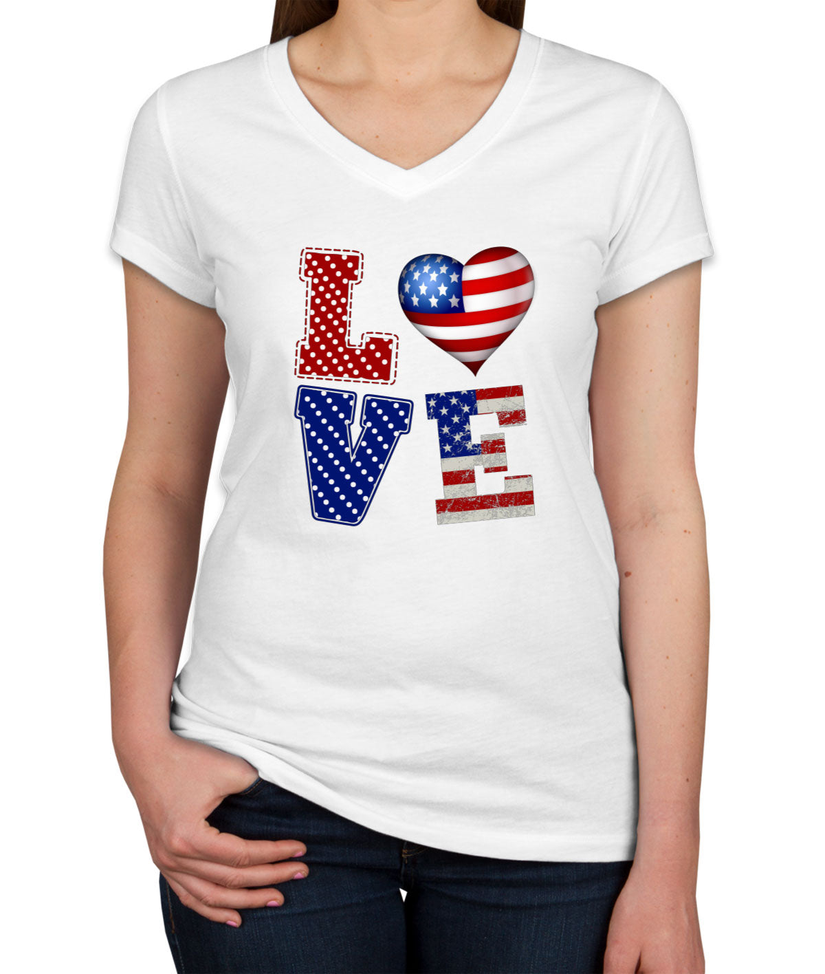 Love USA America Patriotic Women's V Neck T-shirt