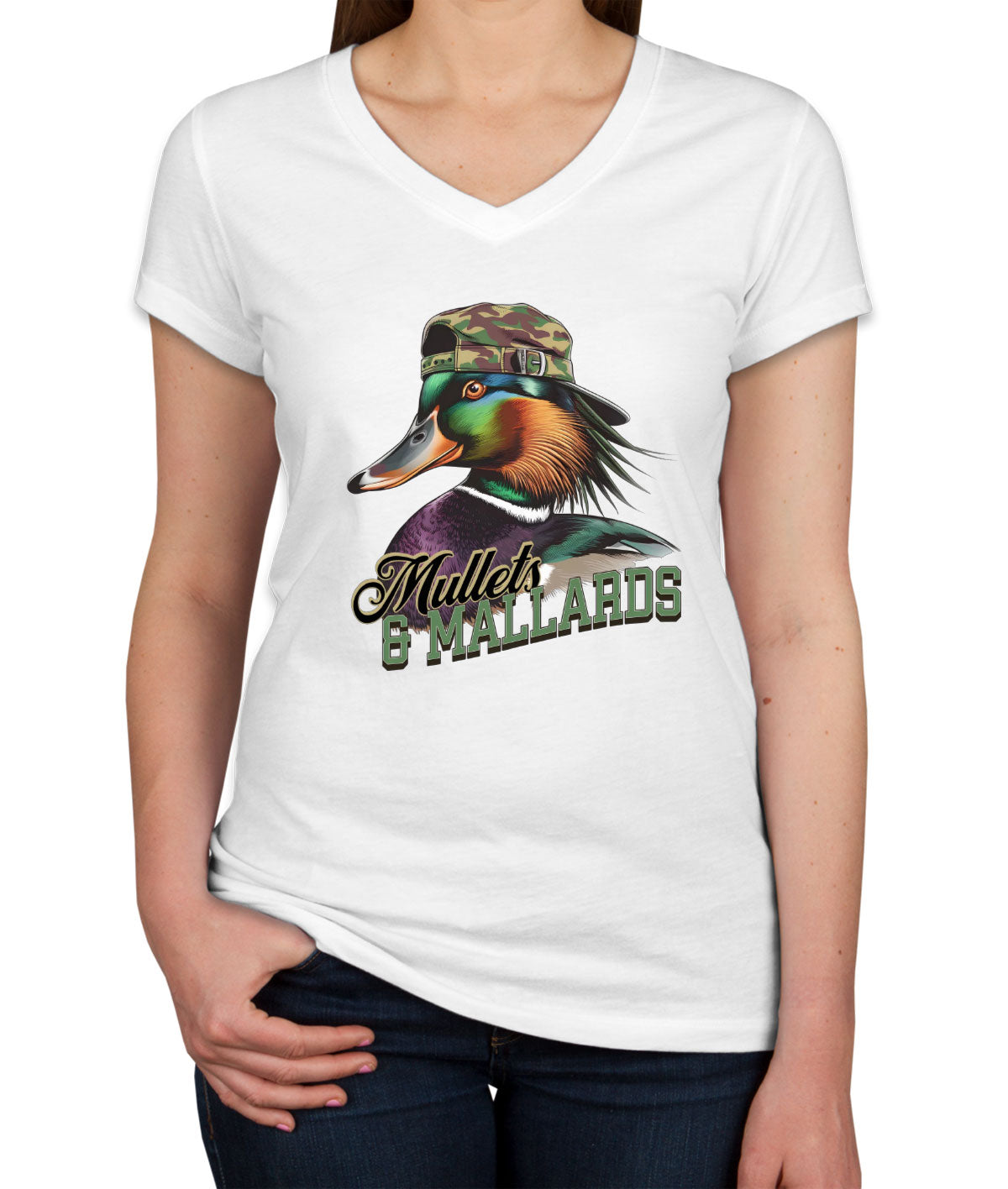 Mullets And Mallards Duck Hunting Women's V Neck T-shirt