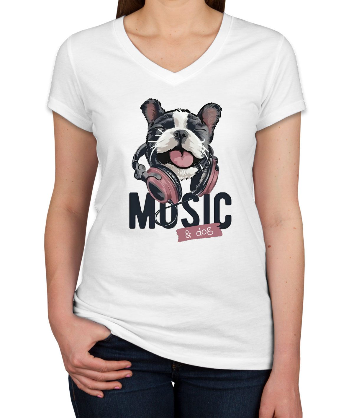 Music And Dog Women's V Neck T-shirt