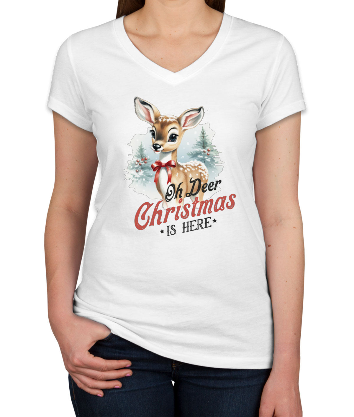 Oh Deer Christmas Here Women's V Neck T-shirt