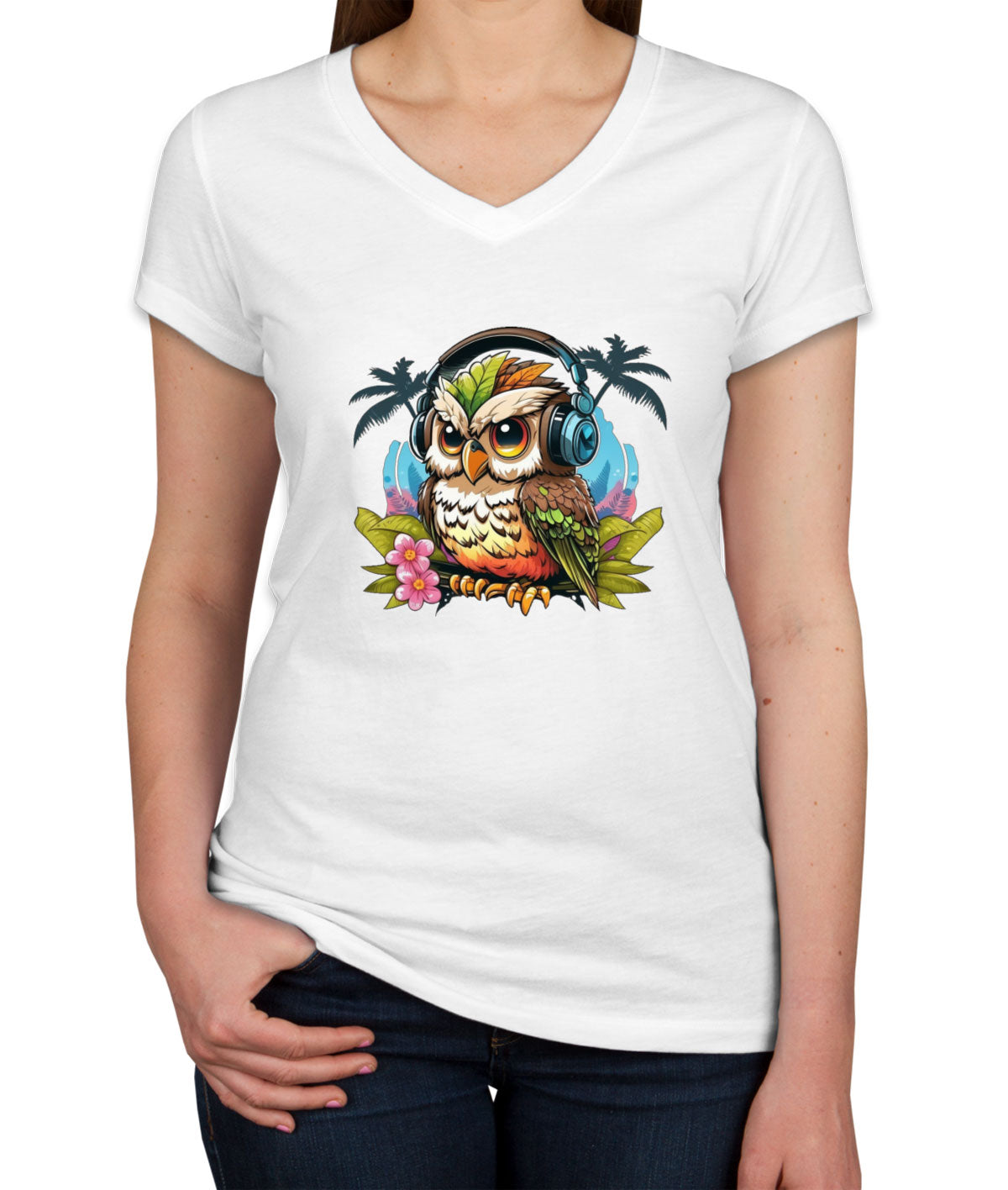 Owl Wearing Headphone Women's V Neck T-shirt