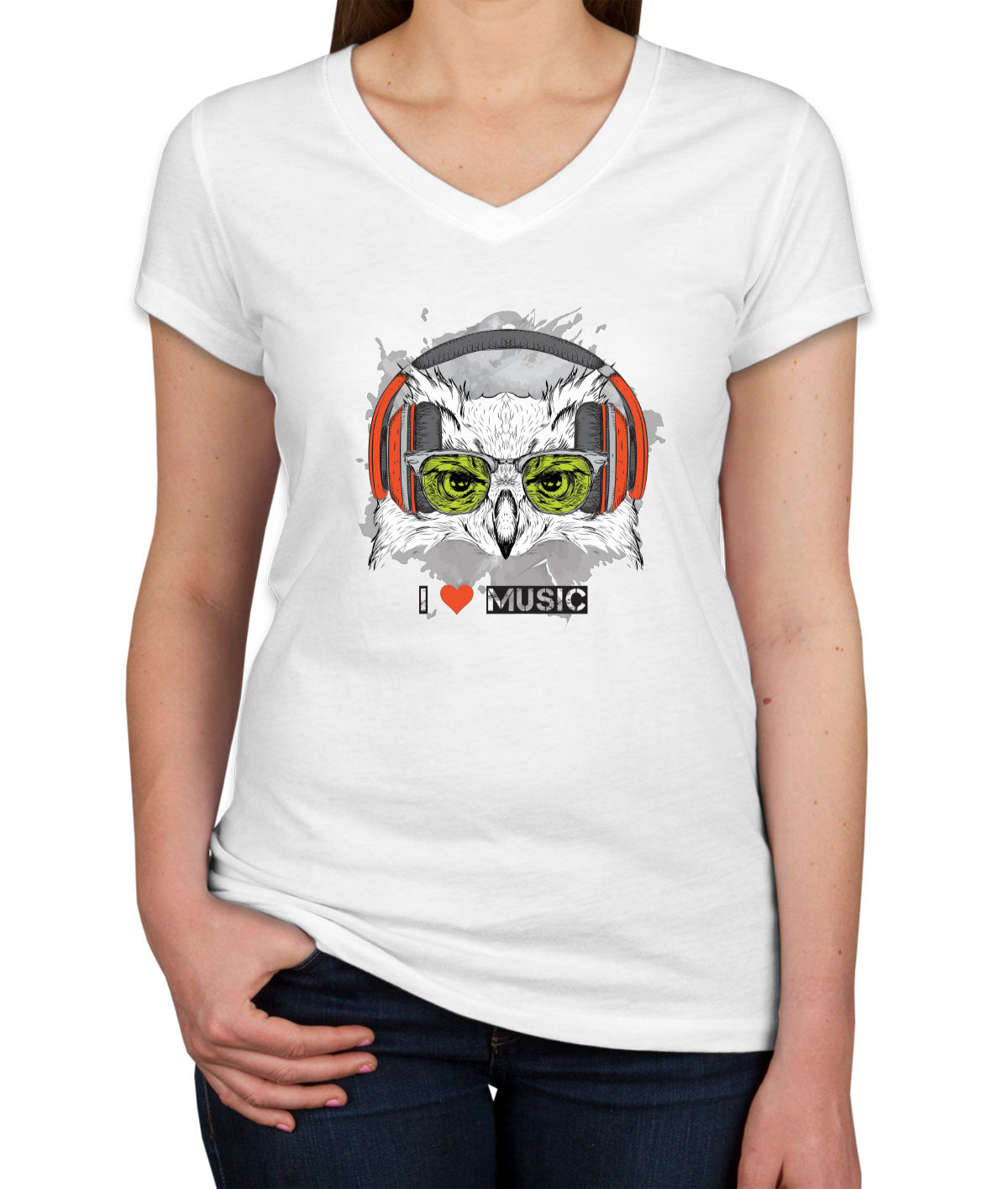 I Love Music Owl With Headphones Women's V Neck T-shirt