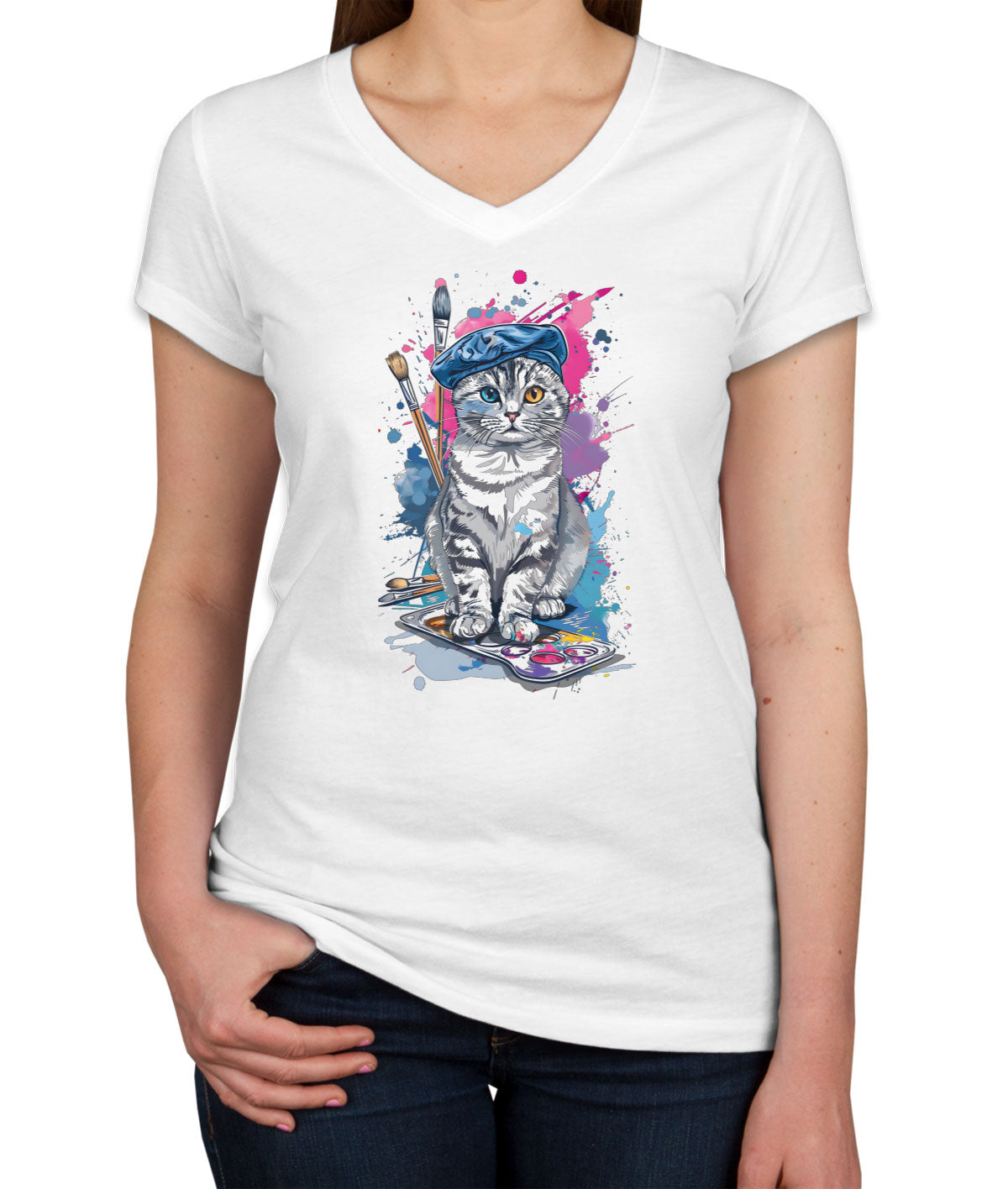 Painter Artist Cat Women's V Neck T-shirt