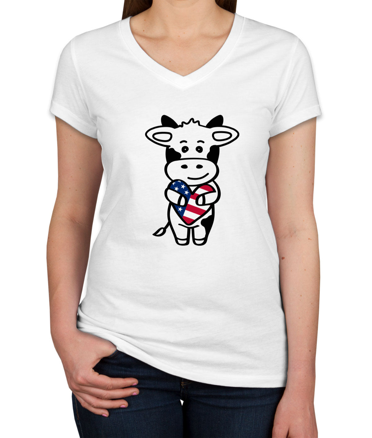 American Cow Patriotic Women's V Neck T-shirt