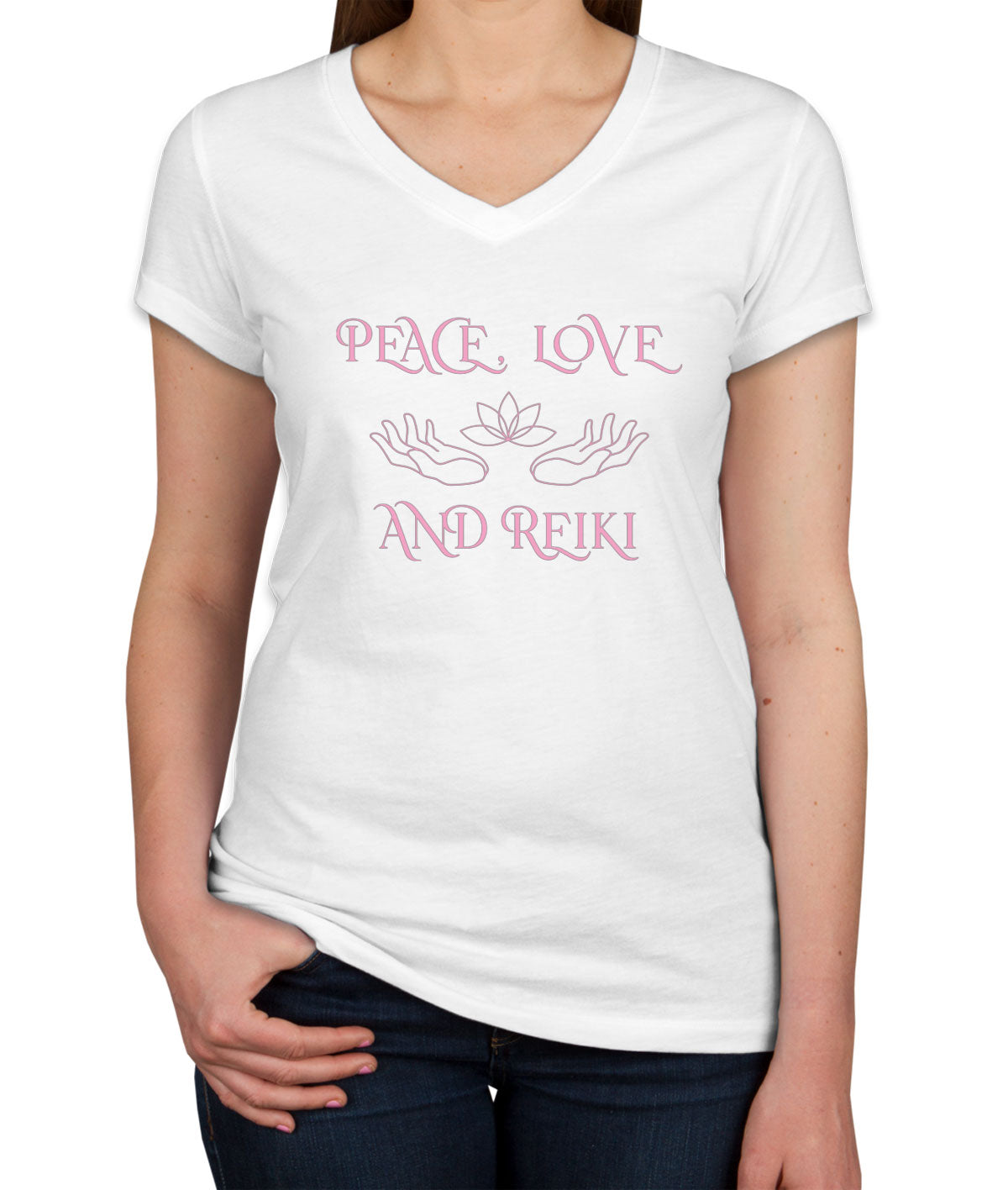 Peace Love And Reiki Women's V Neck T-shirt