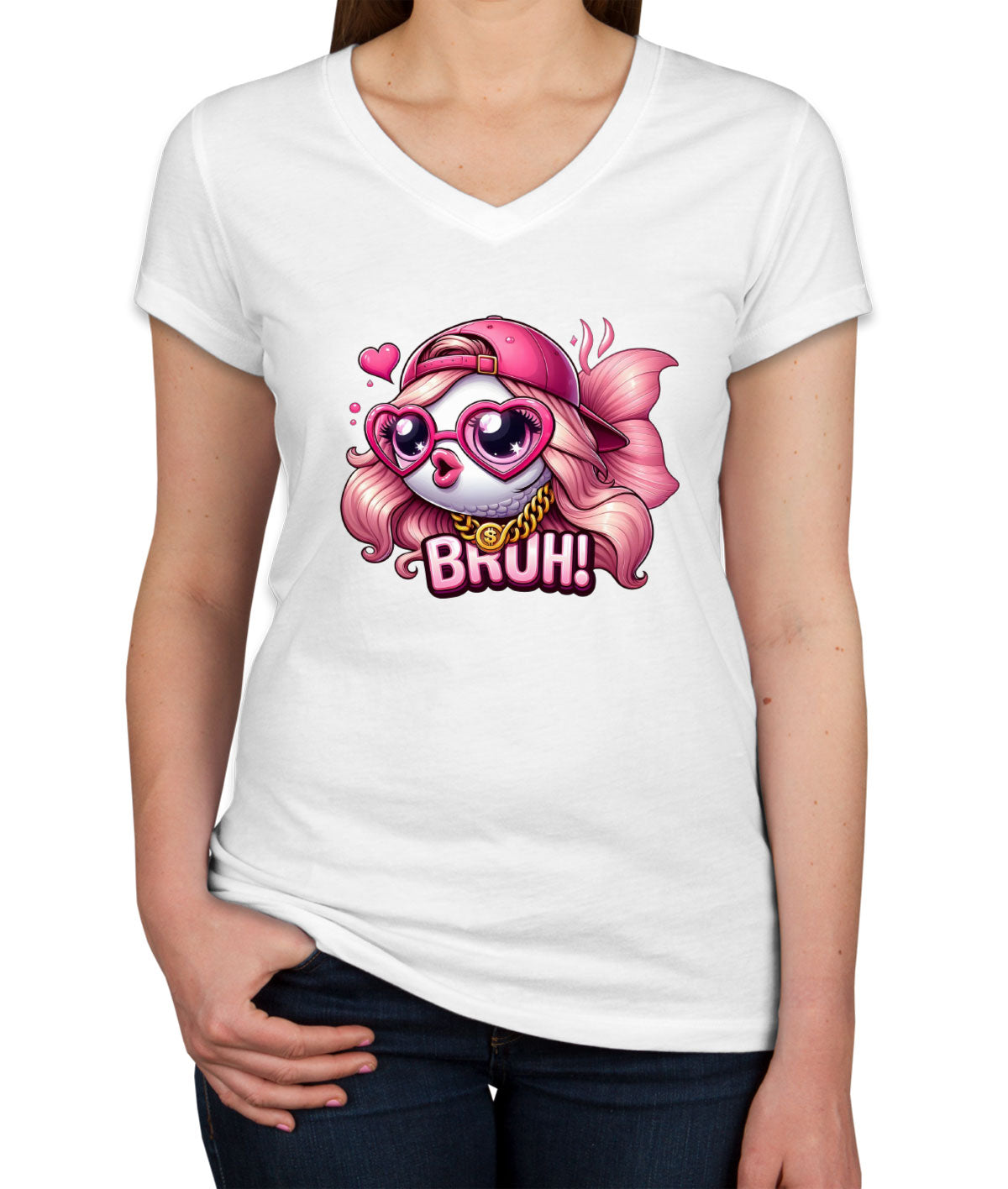 Pink Bass Fishing Women's V Neck T-shirt