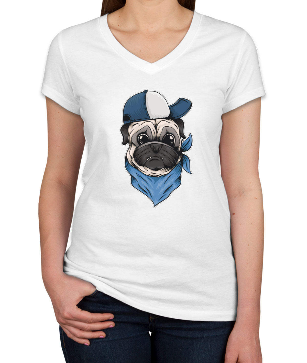 Pug Dog With Hat And Bandana Women's V Neck T-shirt