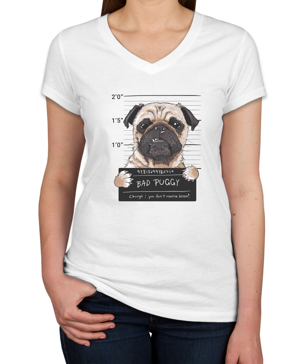 Funny Pug Dog Mugshot Women's V Neck T-shirt