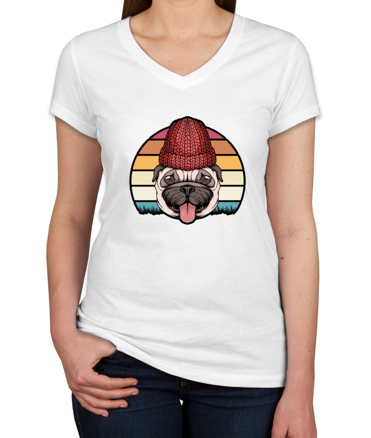 Retro Pug Dog Vintage Women's V Neck T-shirt