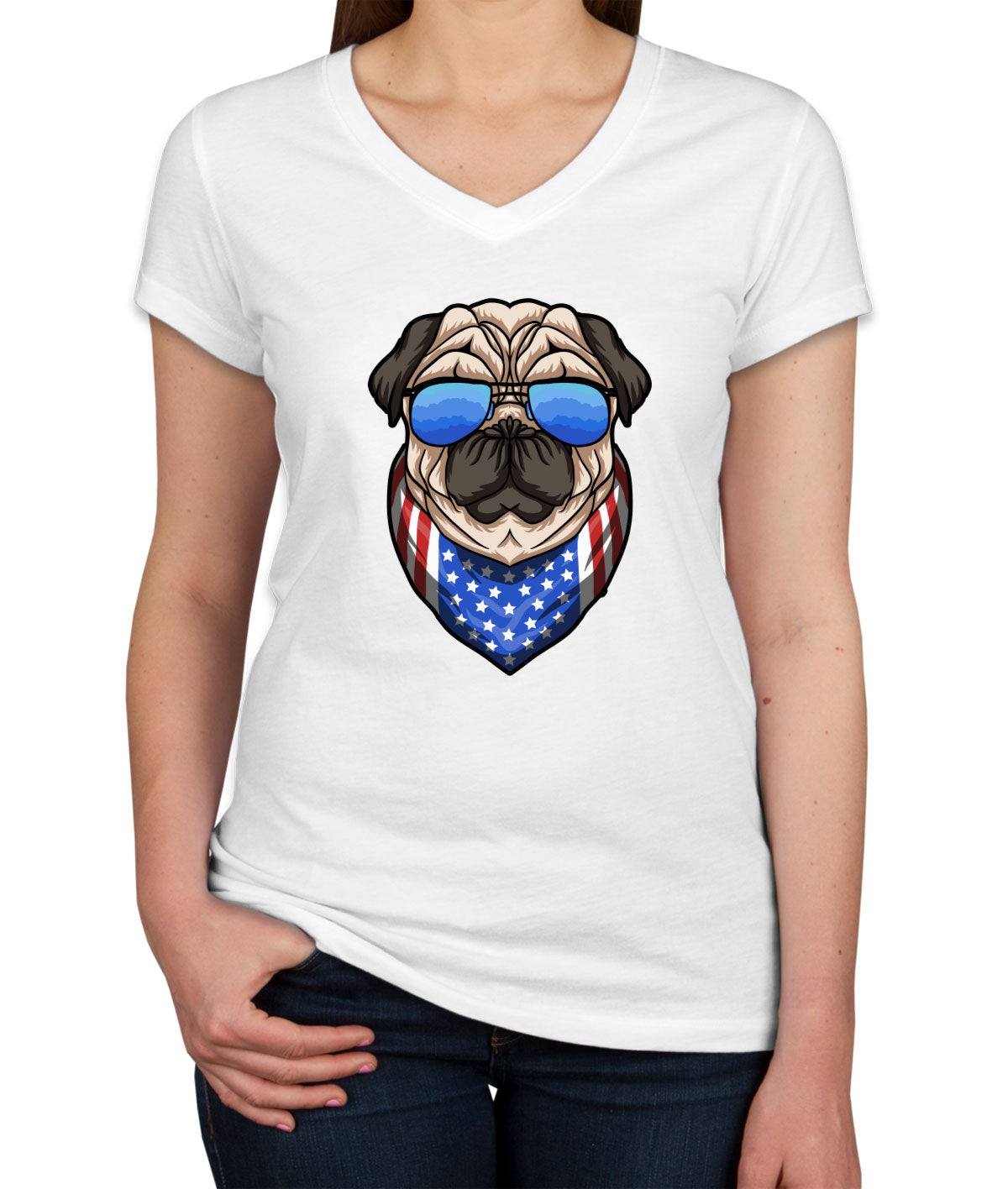 Pug Dog With Sunglasses And Bandana Women's V Neck T-shirt