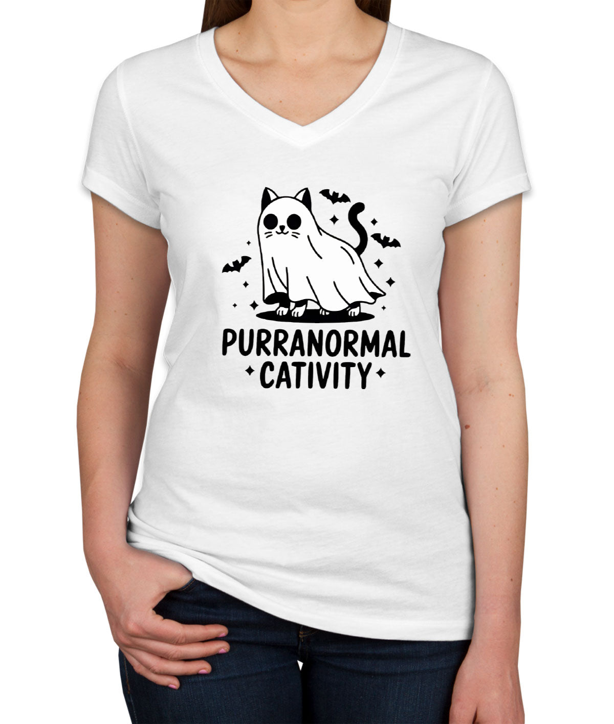 Purranormal Cativity Halloween Women's V Neck T-shirt