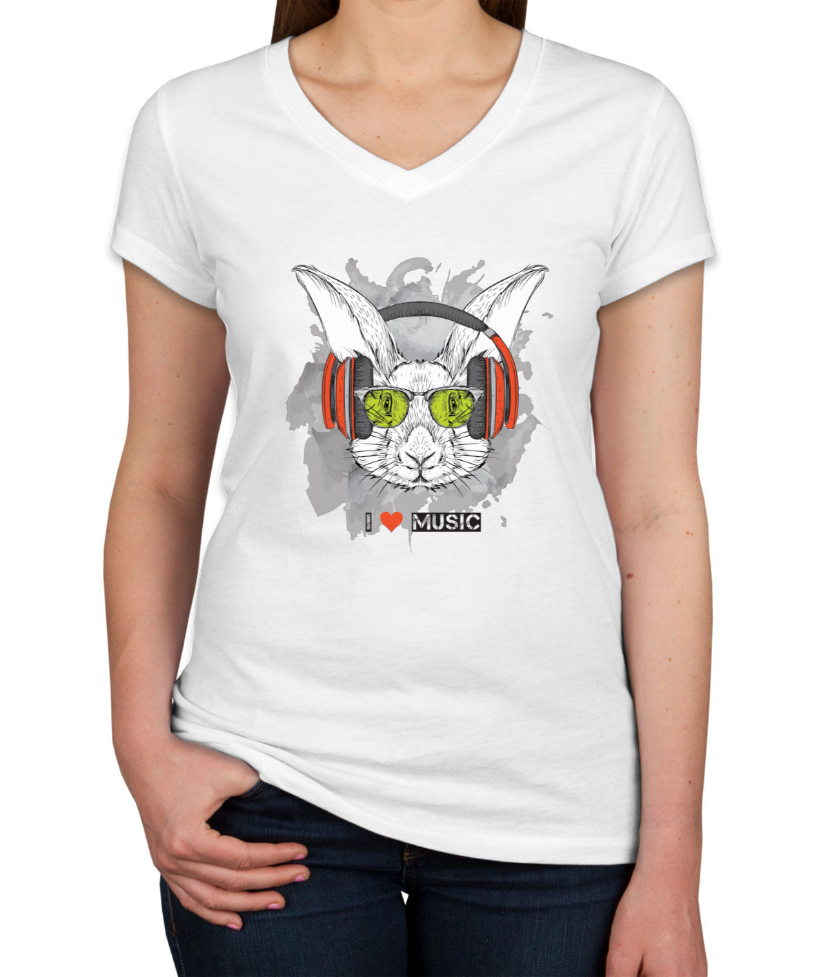 I Love Music Rabbit With Headphones Women's V Neck T-shirt