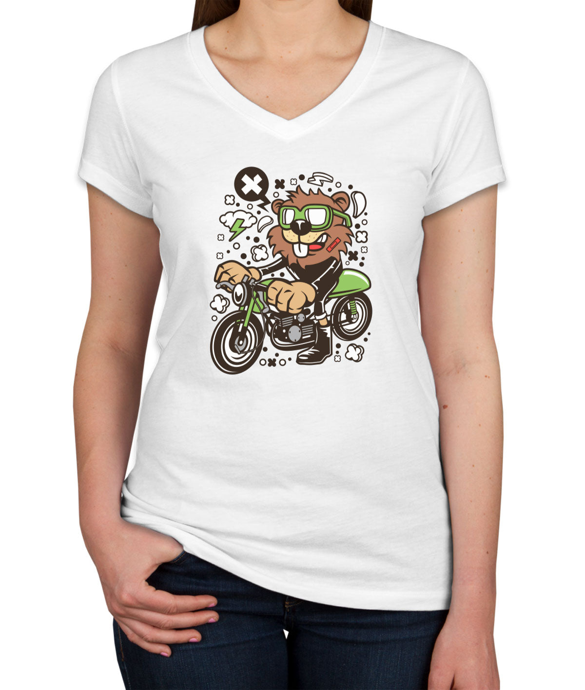 Racer Beaver Women's V Neck T-shirt