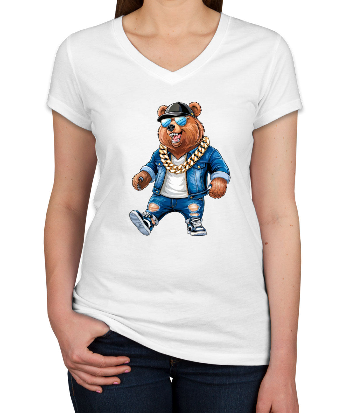 Cool Rapper Bear Women's V Neck T-shirt