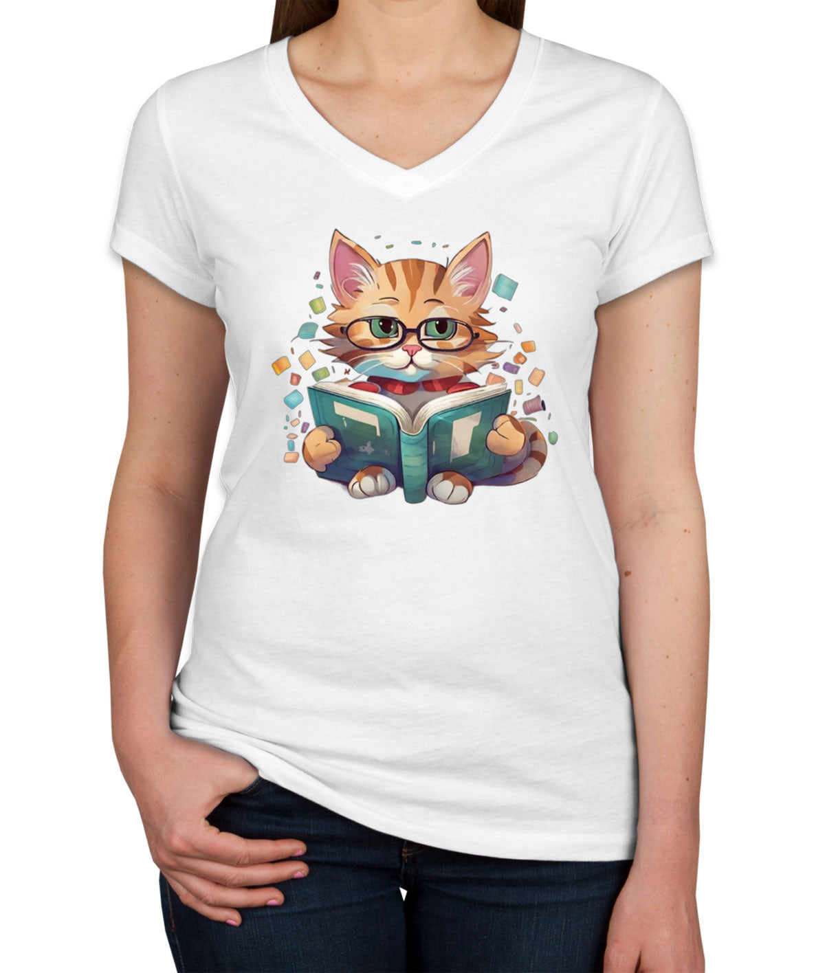 Reading Cat Women's V Neck T-shirt