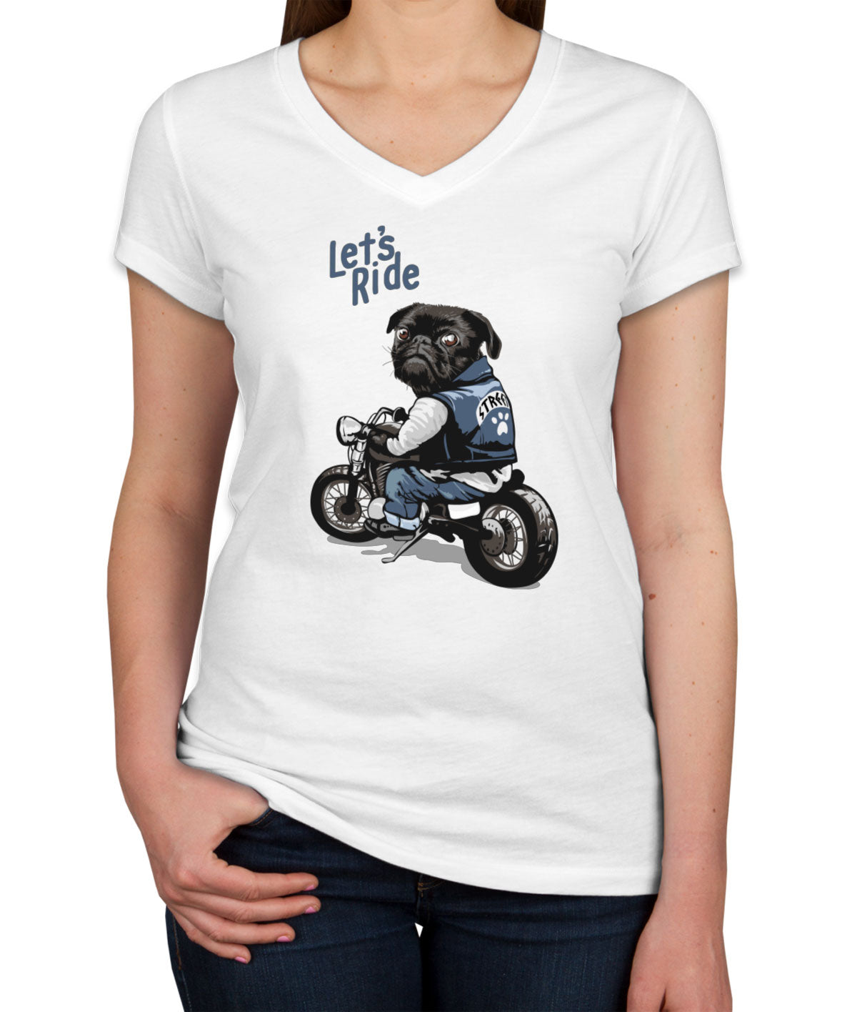 Pug Dog Riding Motorcycle Women's V Neck T-shirt