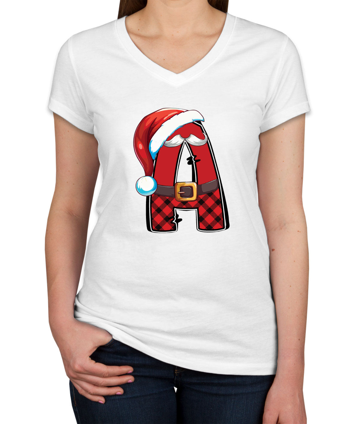 Christmas Santa Alphabet Letters [Custom Initial] Women's V Neck T-shirt