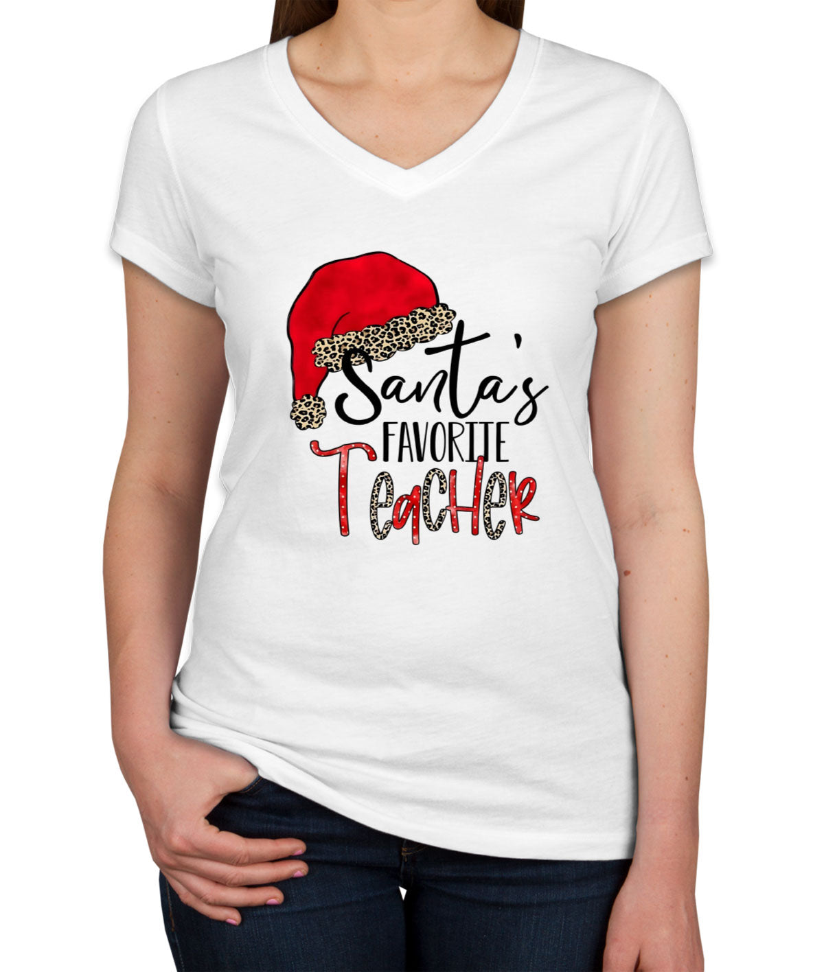 Santa's Favorite Teacher Women's V Neck T-shirt