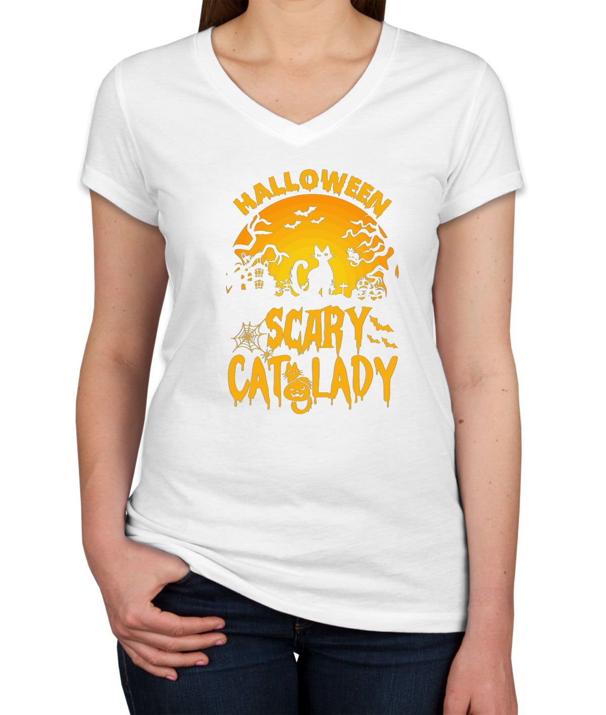 Scary Cat Lady Halloween Women's V Neck T-shirt