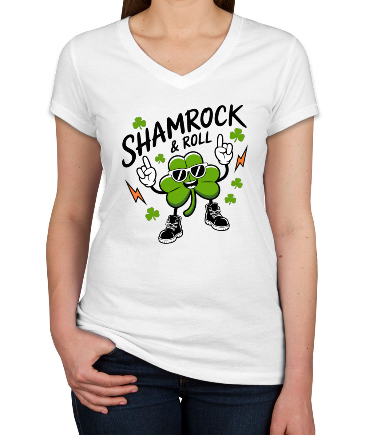 Shamrock And Roll St. Patrick's Day Women's V Neck T-shirt