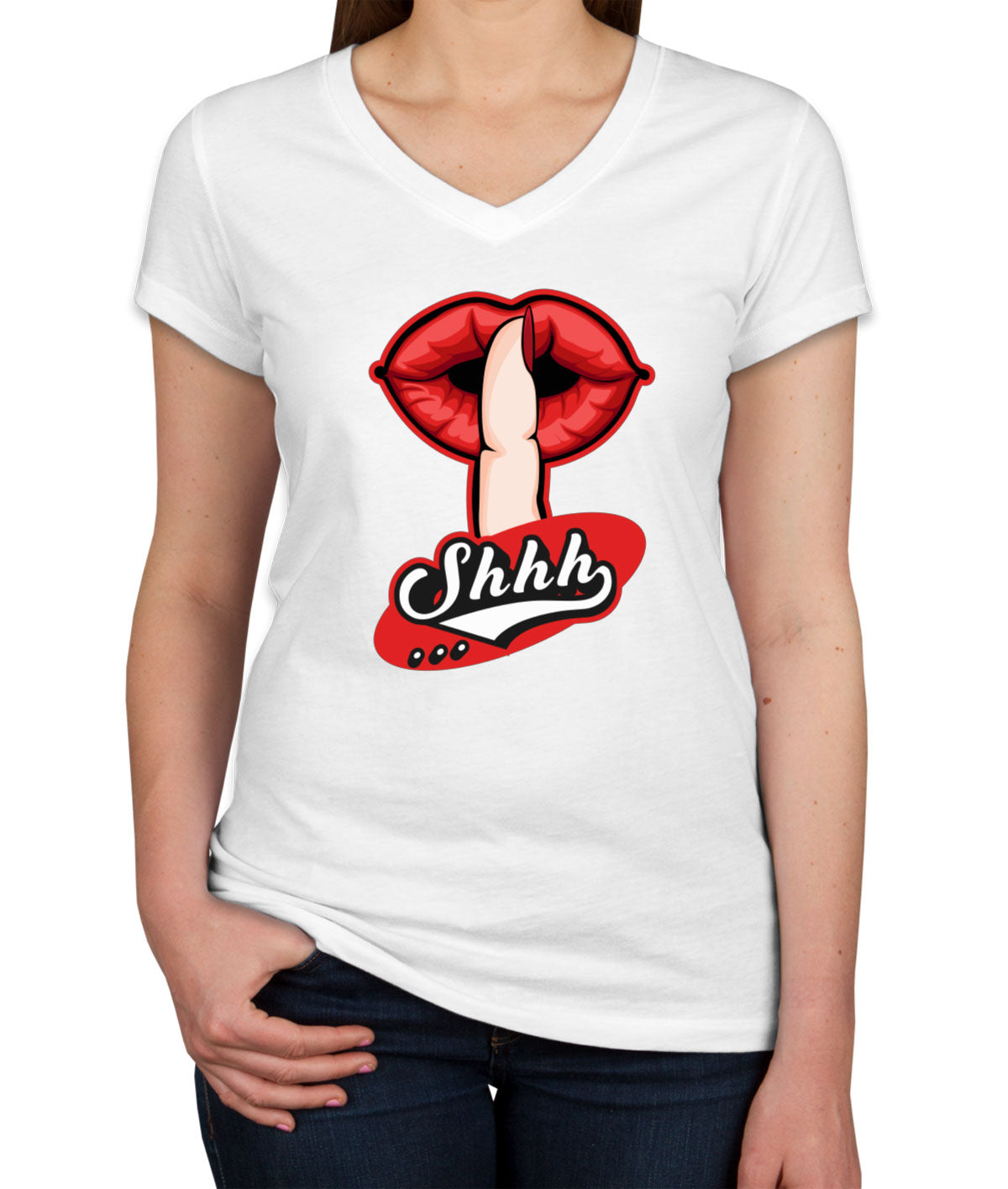 Shhh Silent Gesture With Finger And Red Lips Women's V Neck T-shirt
