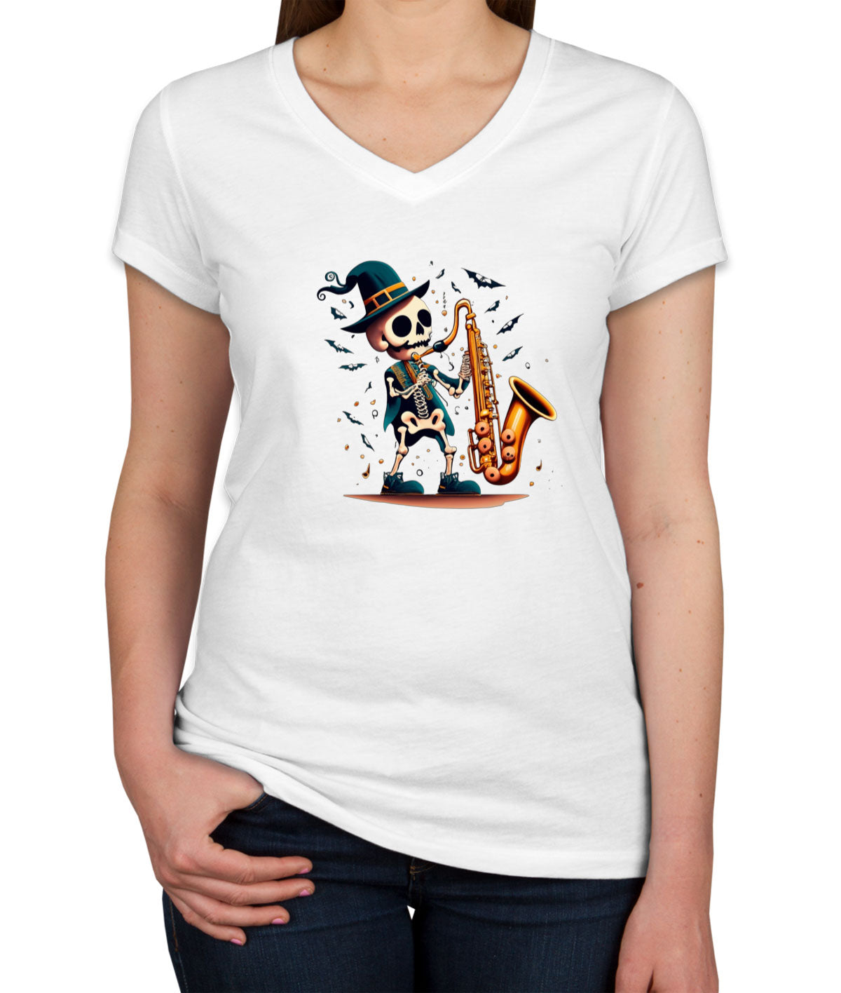 Skeleton Playing Saxophone Women's V Neck T-shirt