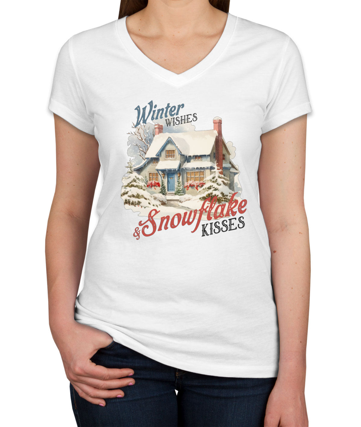 Winter Wishes And Snowflake Kisses Christmas Women's V Neck T-shirt