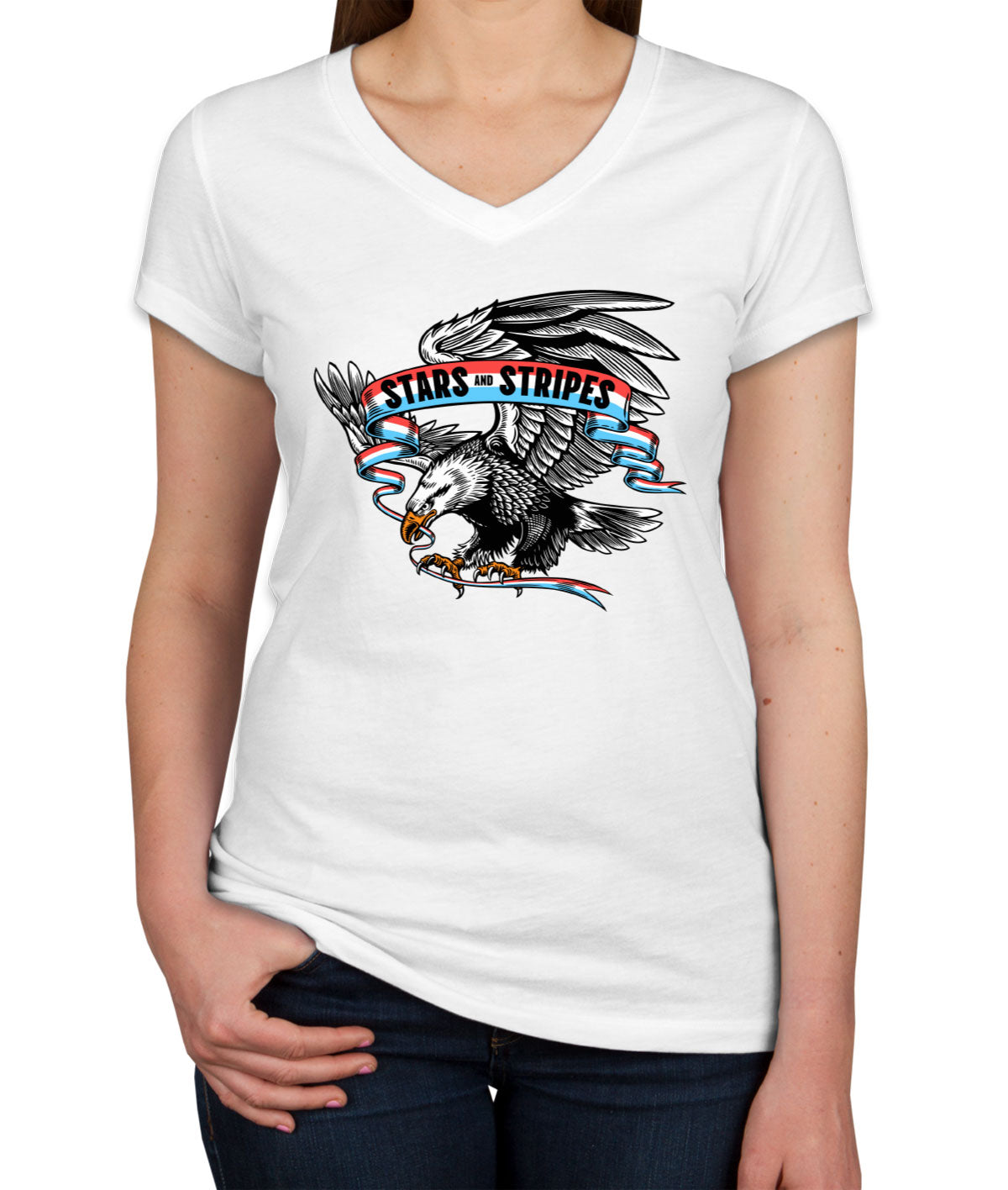 Stars And Stripes American Eagle Patriotic Women's V Neck T-shirt