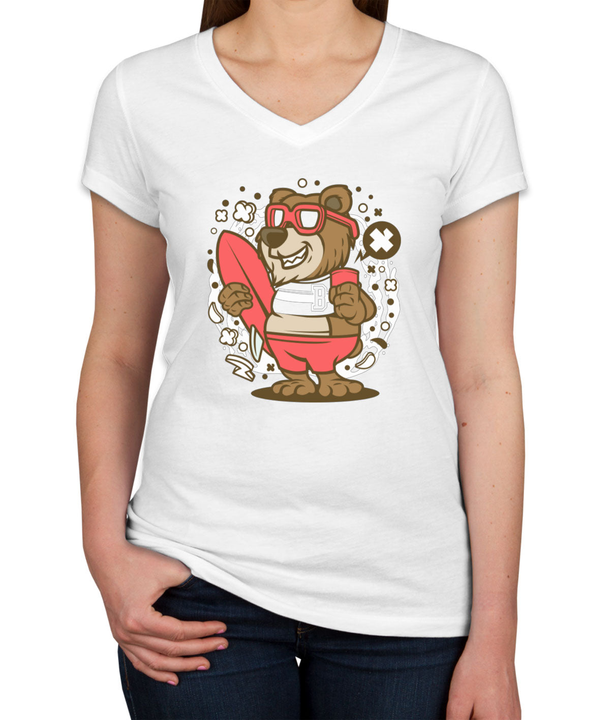 Surfer Bear Women's V Neck T-shirt