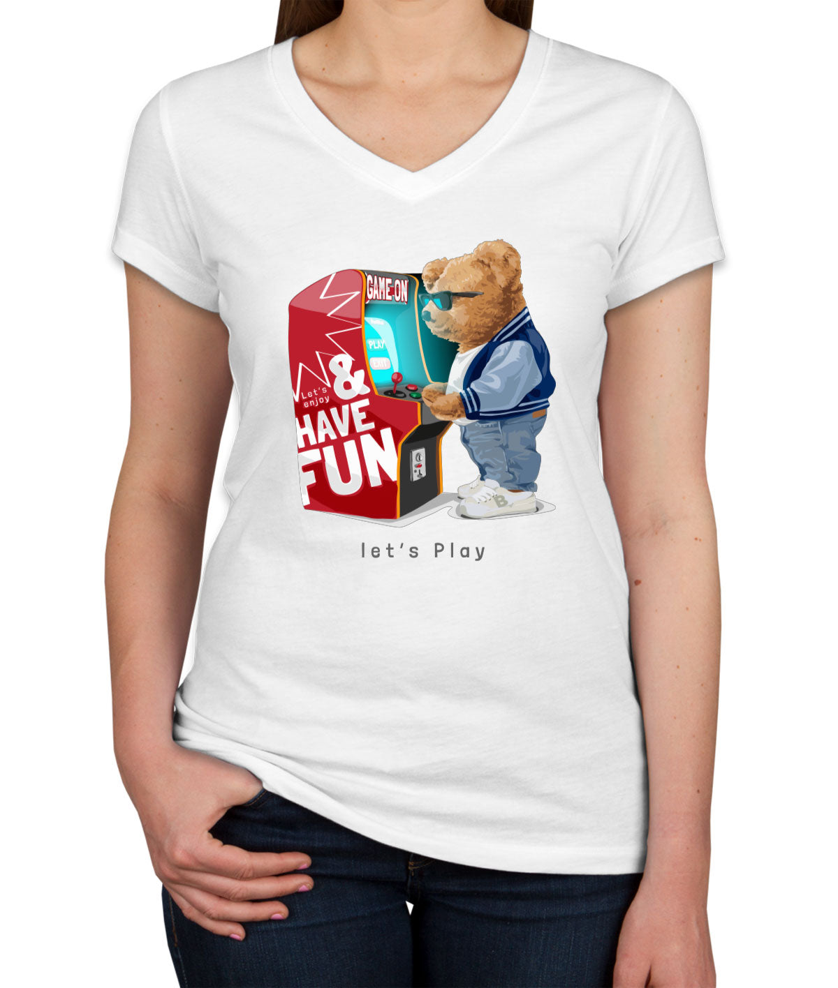 Teddy Bear Arcade Game Machine Women's V Neck T-shirt