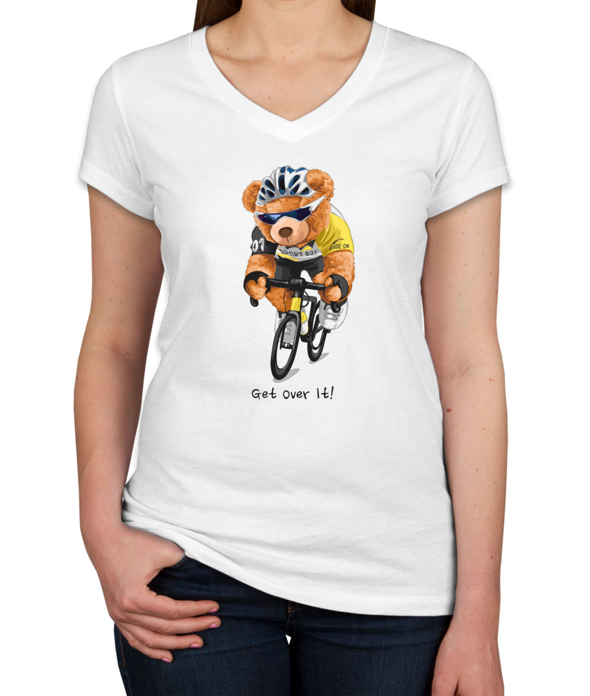 Teddy Bear Biker Get Over It Women's V Neck T-shirt