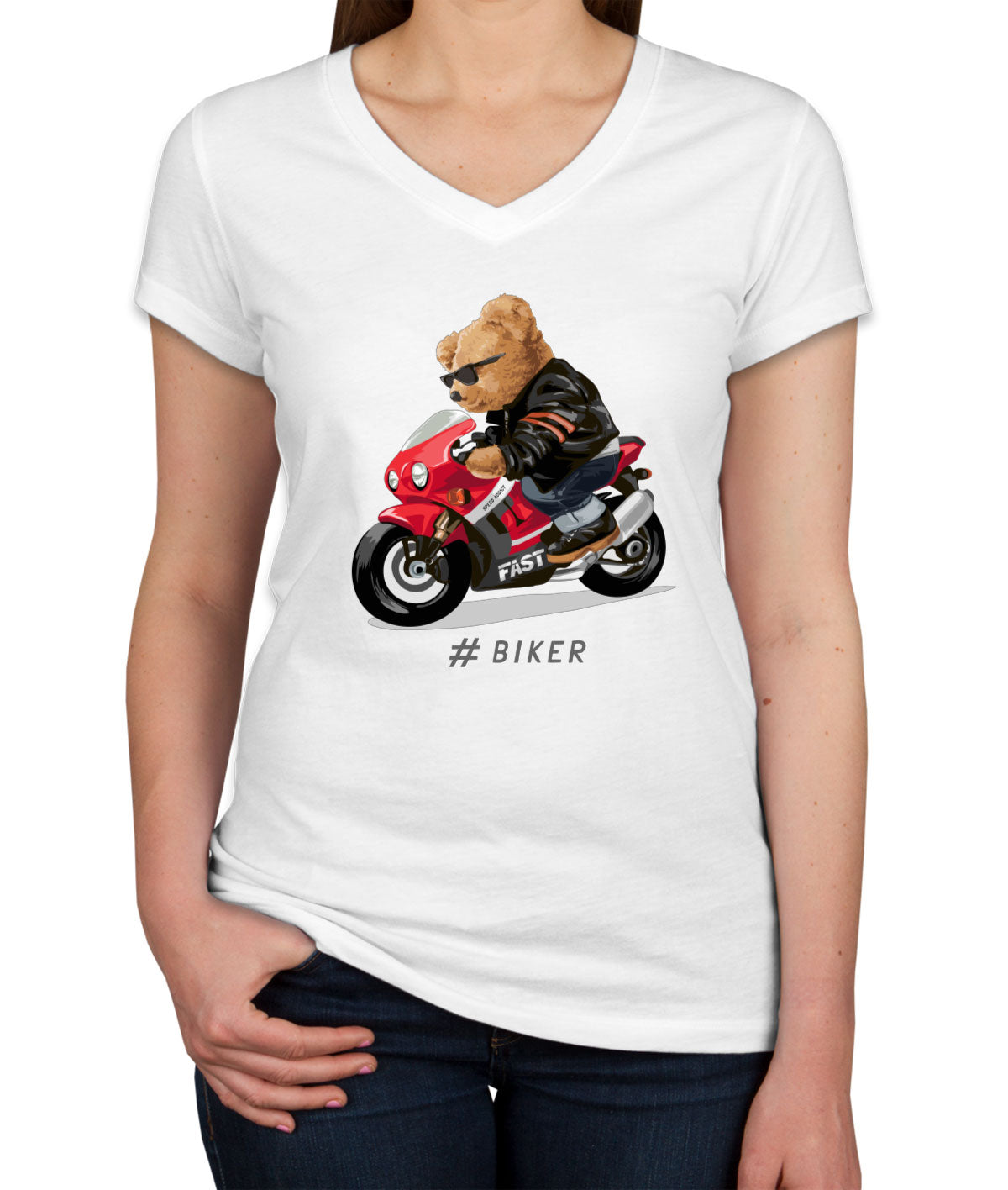 Teddy Bear Cool Biker Women's V Neck T-shirt