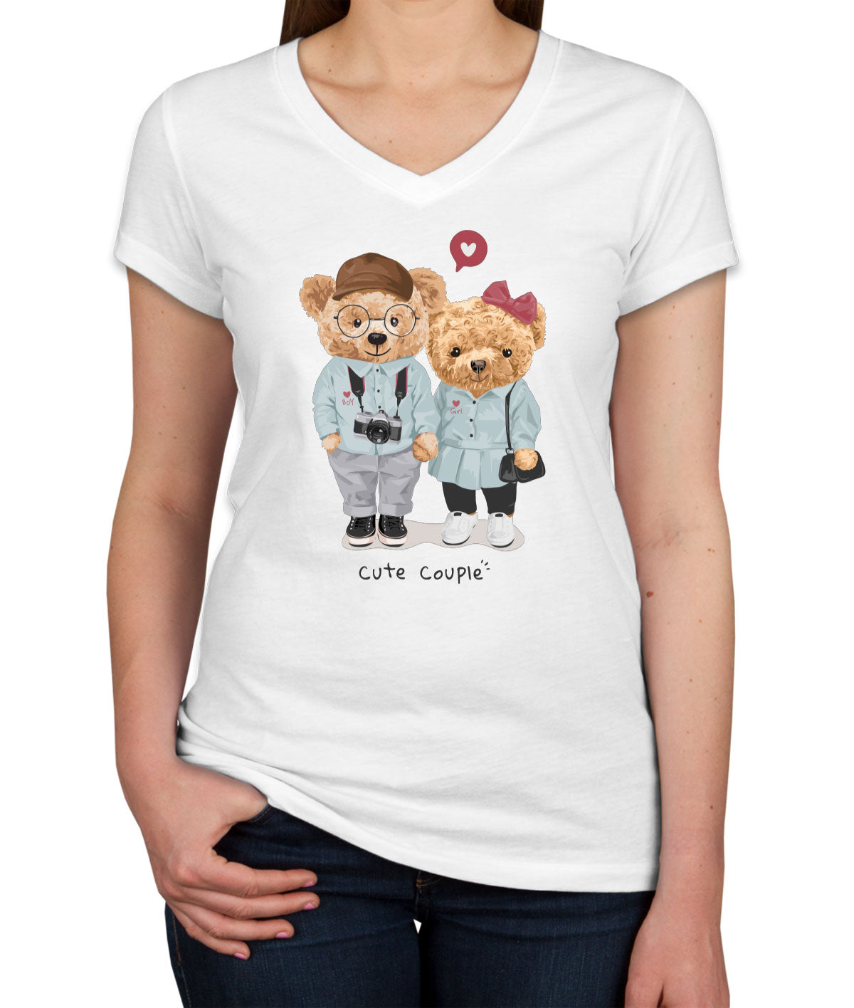 Teddy Bear Cute Couple Women's V Neck T-shirt