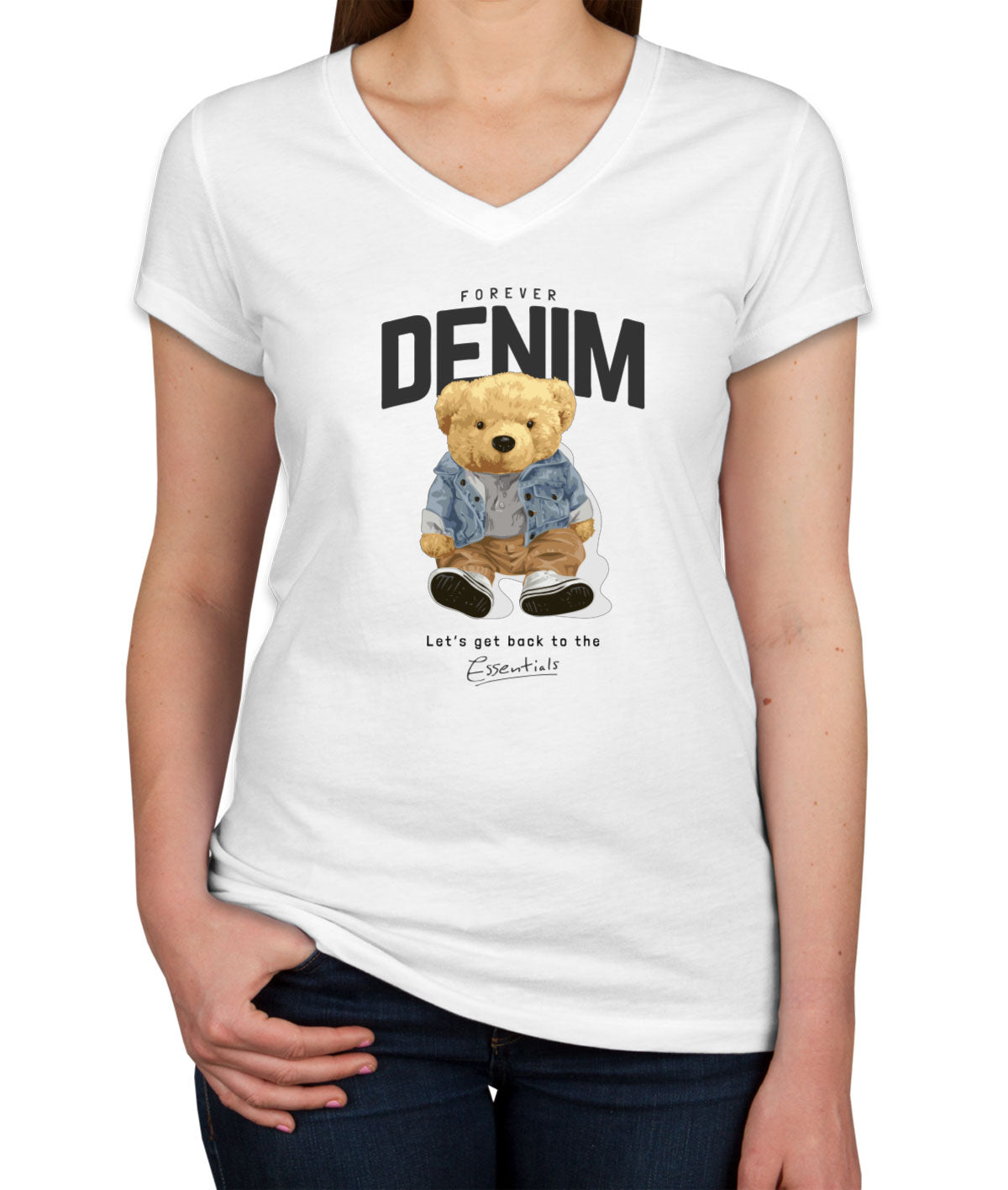 Teddy Bear Forever Denim Women's V Neck T-shirt