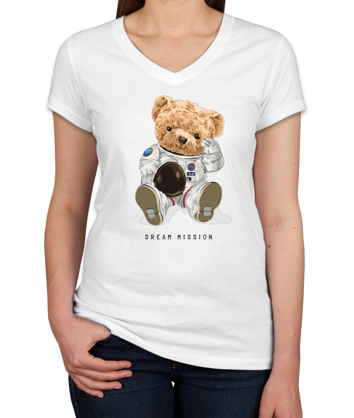 Teddy Bear Astronaut Dream Mission Women's V Neck T-shirt