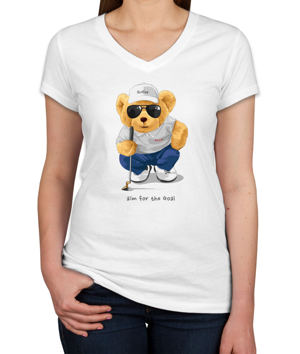 Teddy Bear Golfer Women's V Neck T-shirt