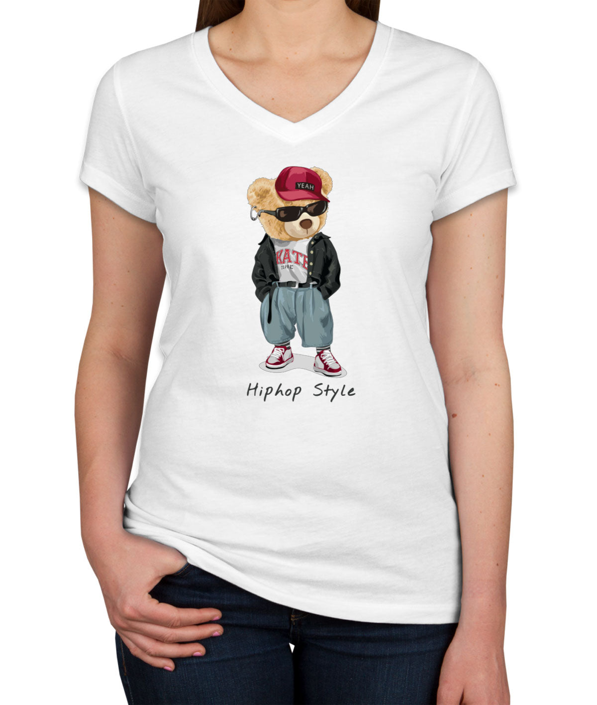 Teddy Bear Hiphop Style Women's V Neck T-shirt