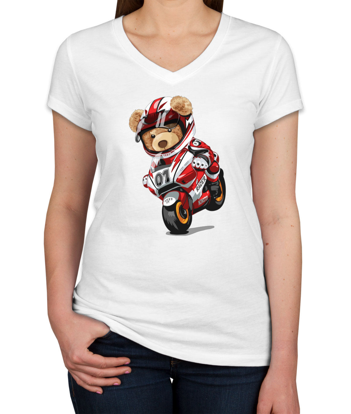 Teddy Bear Motorcycle Women's V Neck T-shirt