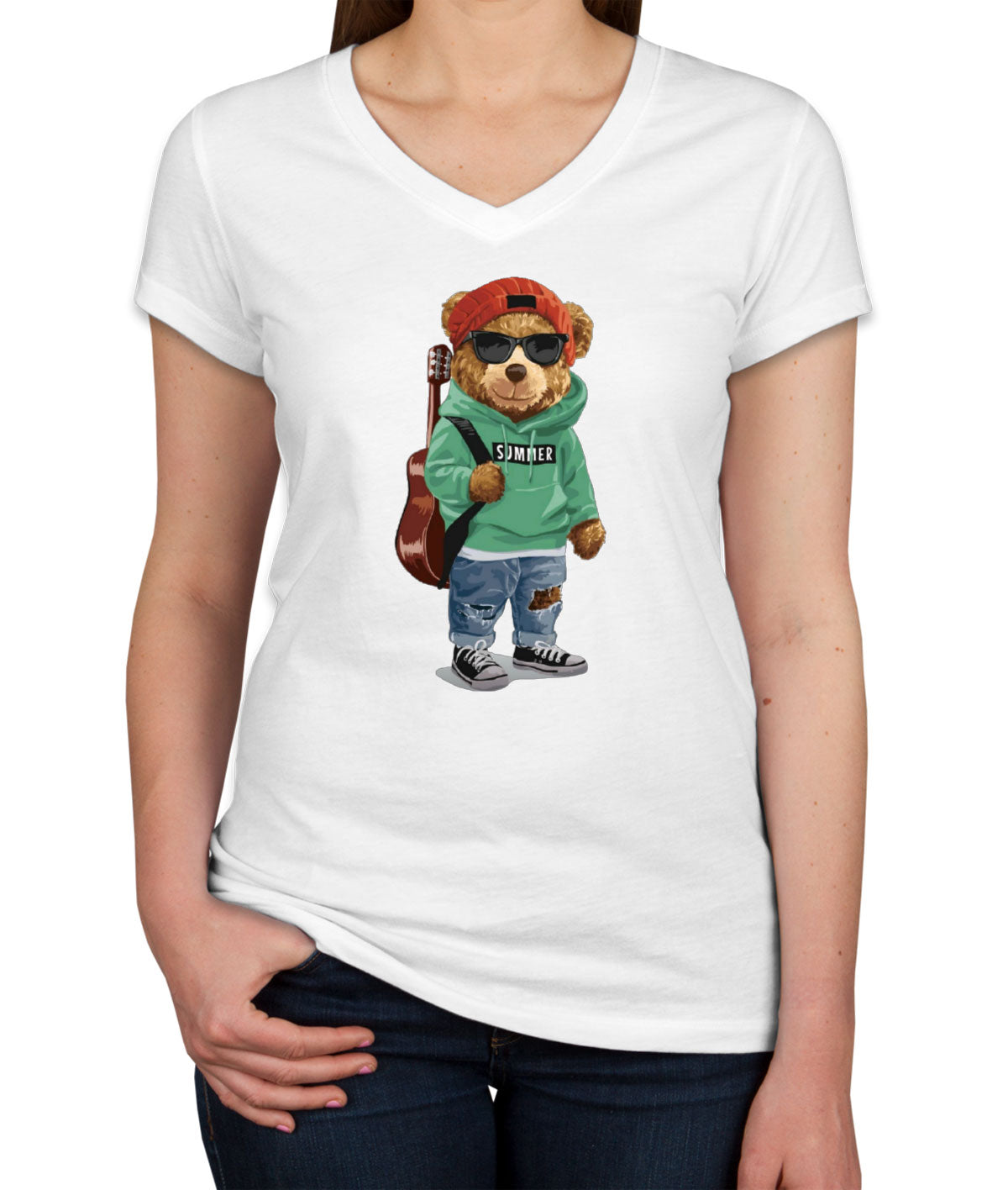 Teddy Bear Musician Women's V Neck T-shirt