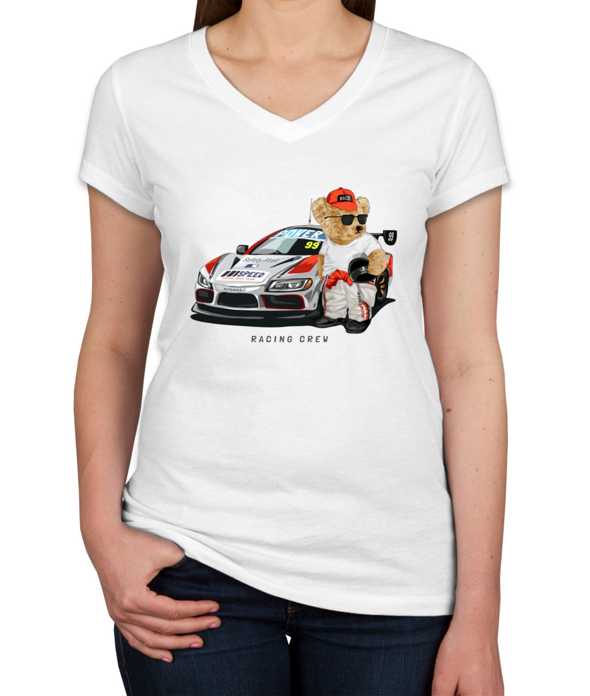 Teddy Bear Racing Crew V Neck T-shirt