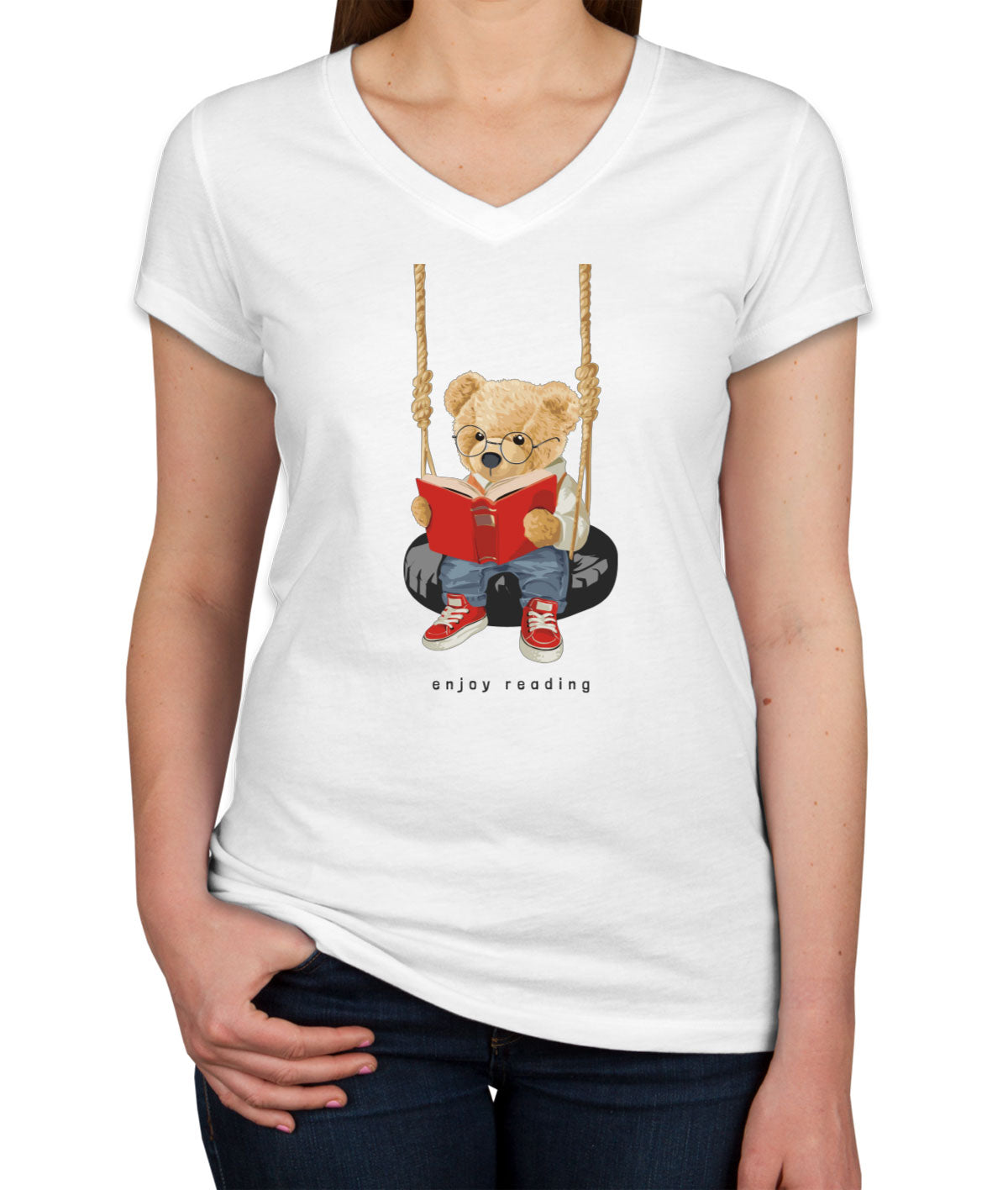 Teddy Bear Reading Women's V Neck T-shirt