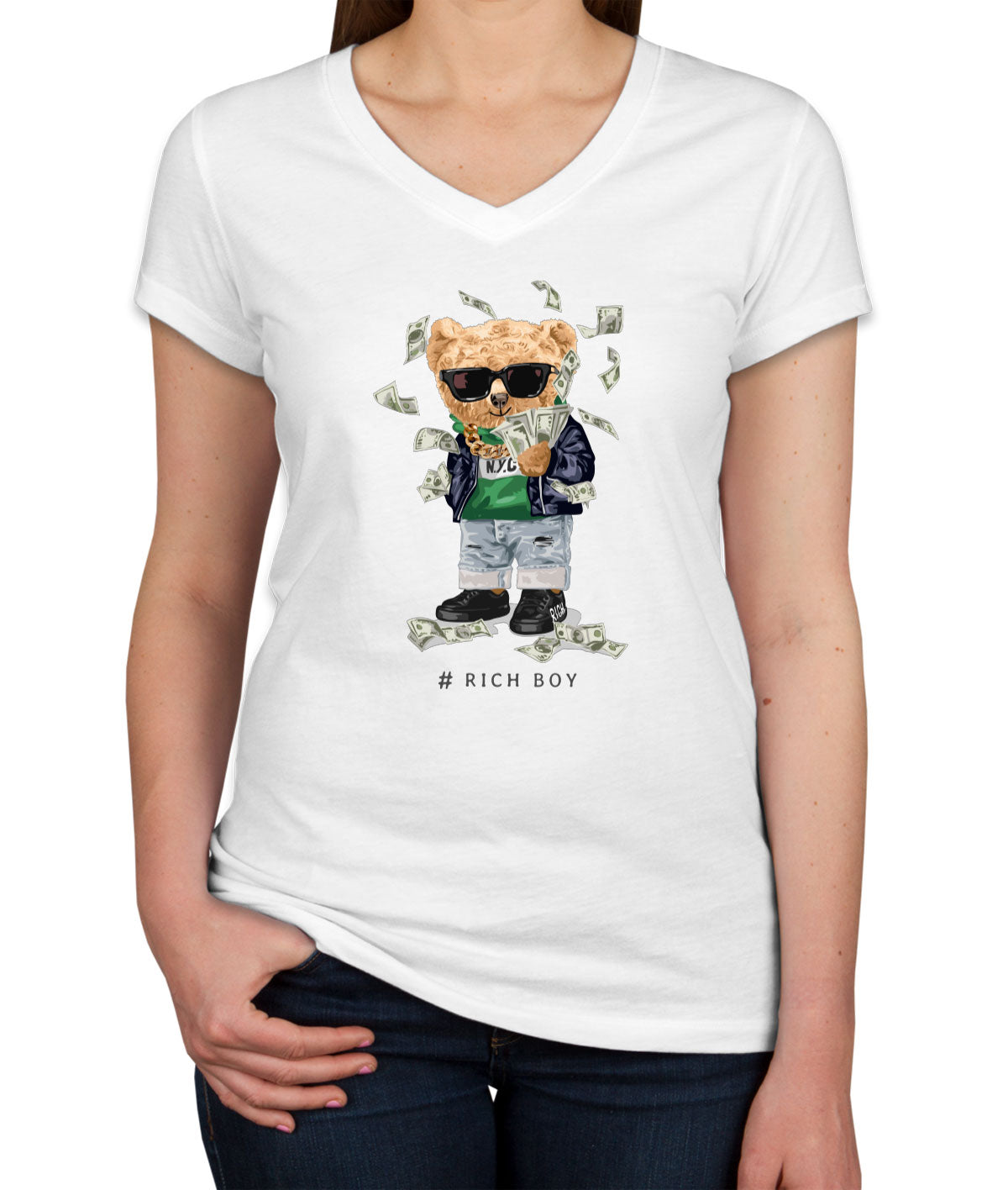 Teddy Bear Rich Boy Women's V Neck T-shirt